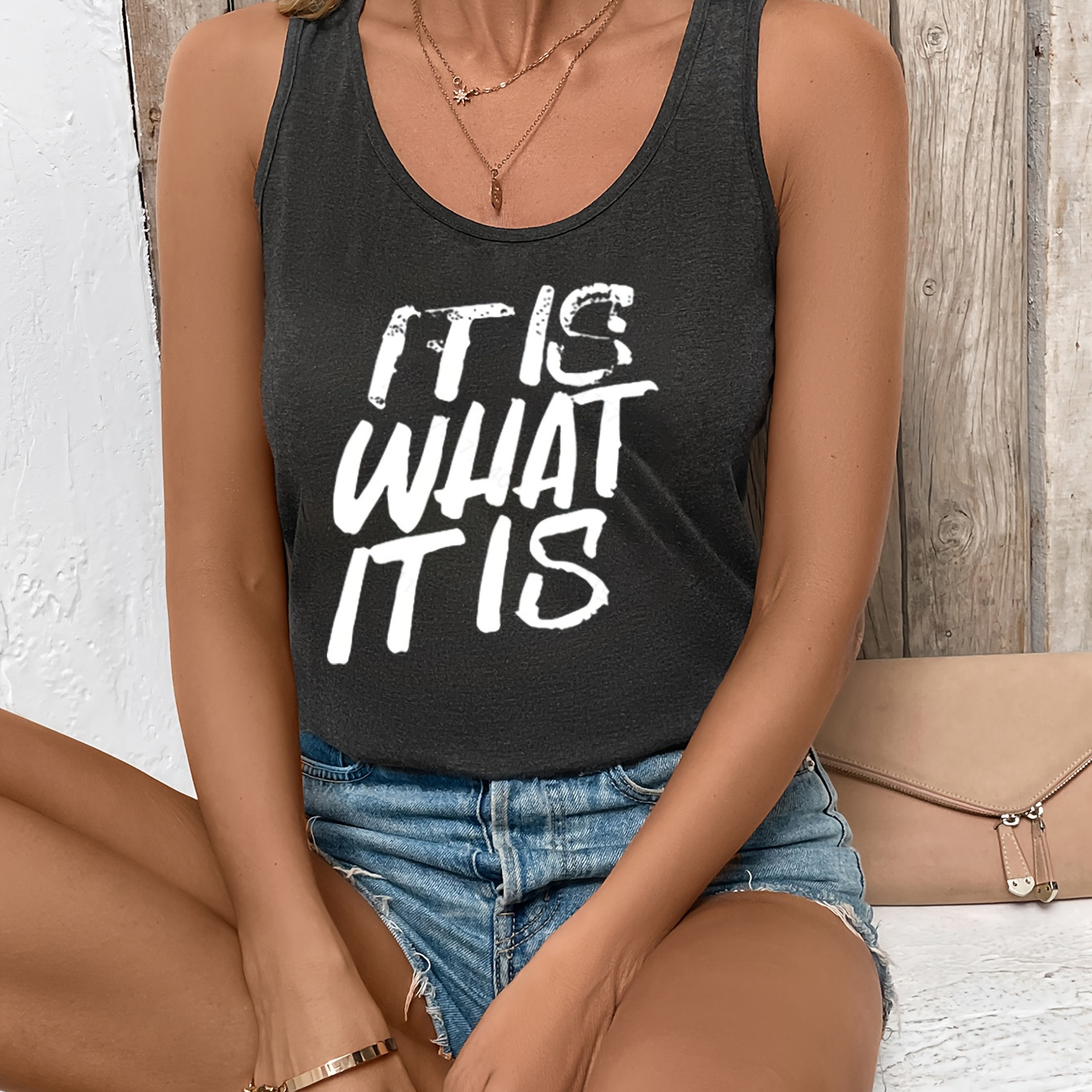 

What Print Tank Top, Casual Sleeveless Tank Top For Summer, Women's Clothing