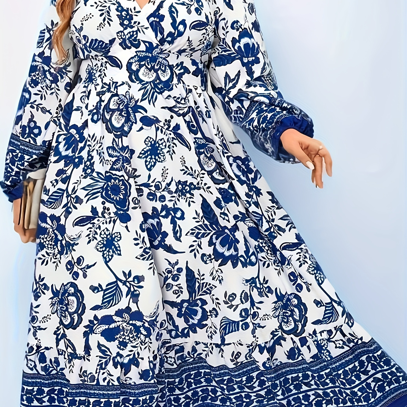 

Plus Size Floral Print Ruffle Hem Dress, Casual Surplice Neck Long Sleeve Dress, Women's Plus Size Clothing