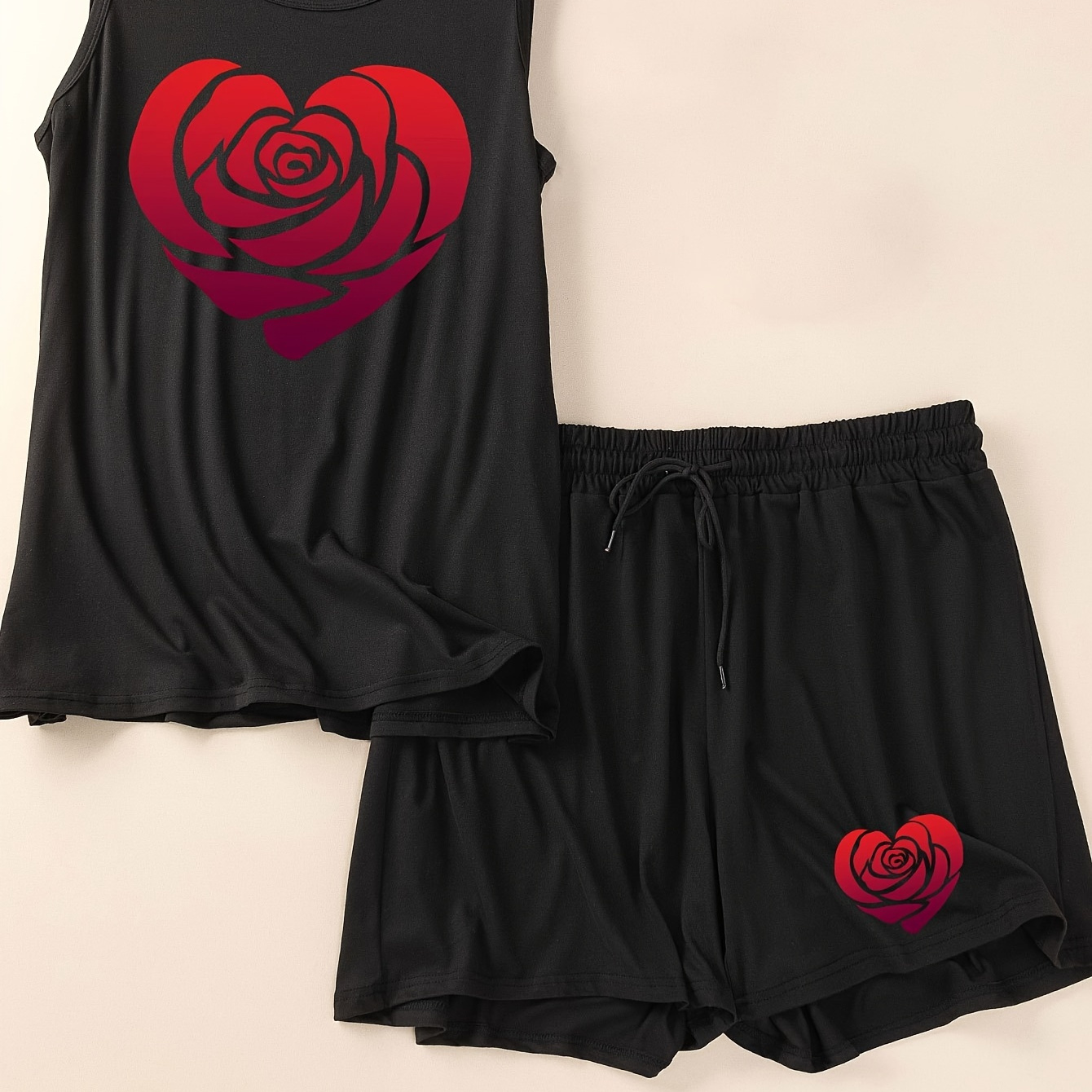 

Women's Valentine's Day Set, Plus Size Heart Rose Graphic Round Neck Tank Top & Shorts Pajamas 2 Piece Set