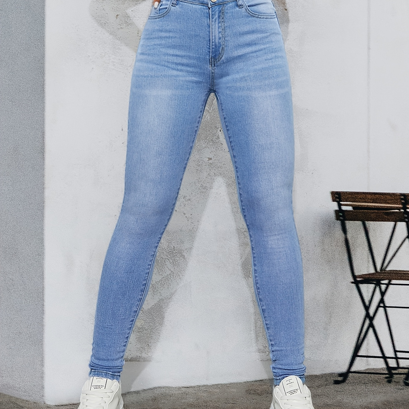 

1pc Elegant Light Blue Stretch Skinny Jeans For Women, High Waist Slim Fit Denim Pants With Button Detail, Solid Color, Long Length, Suitable For All