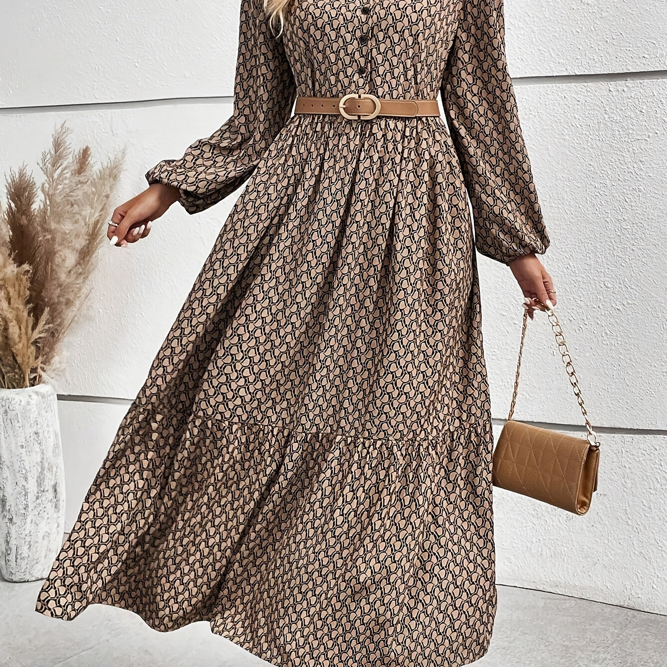 

Allover Print Button Front Dress, Elegant Lantern Sleeve Flowy Dress For Spring & Fall, Women's Clothing