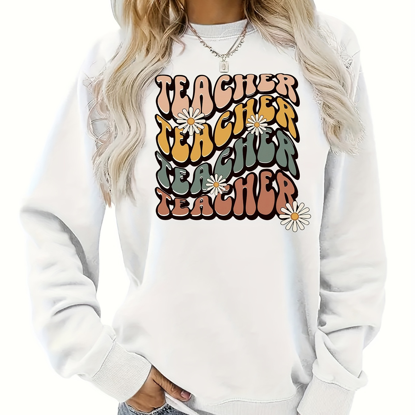 

Floral Teacher Letter Print Sweatshirt, Cute Long Sleeve Crew Neck Sweatshirt, Women's Clothing