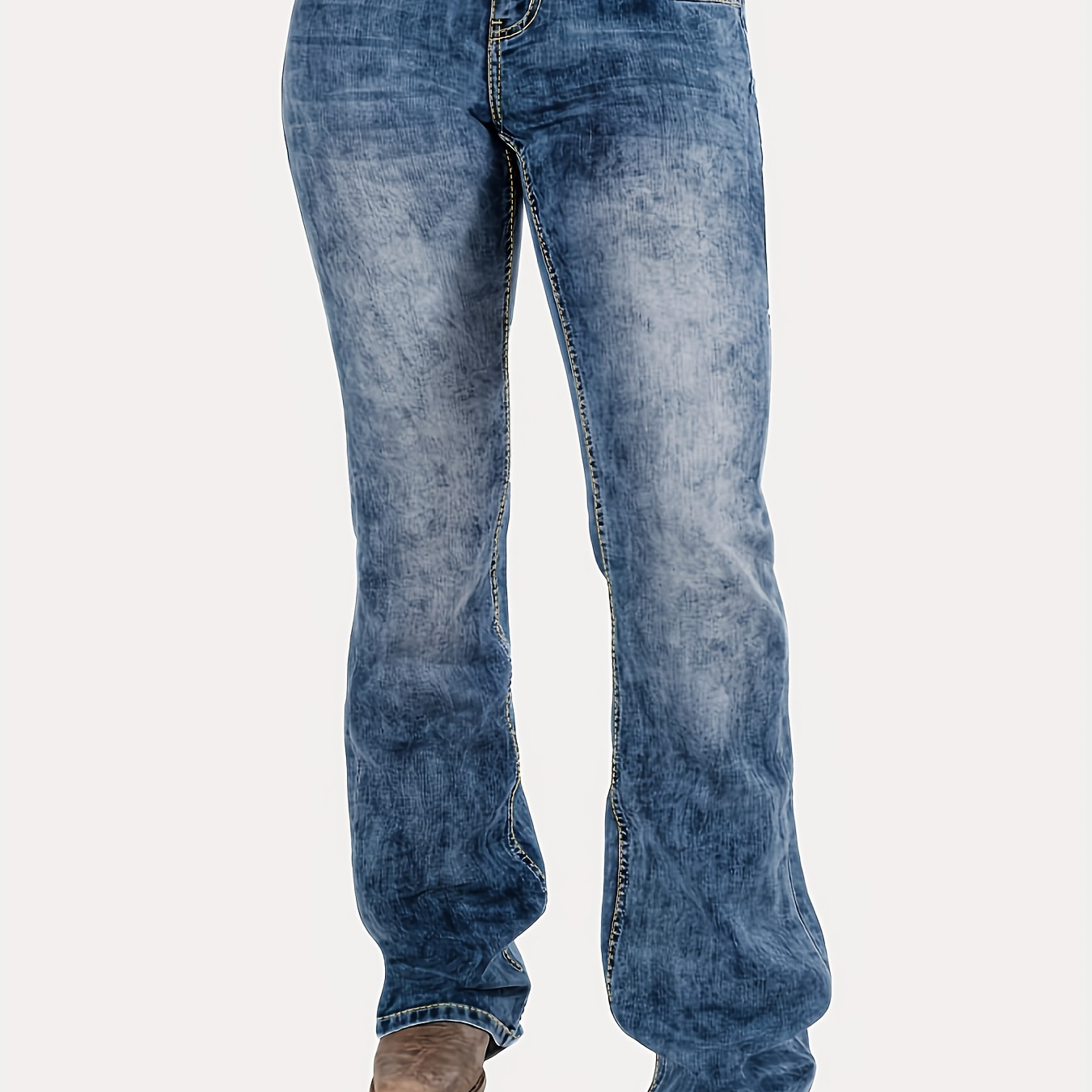 

Blue Whiskered Bootcut Jeans, Mid-stretch Slant Pockets Mid Waist Versatile Denim Pants, Women's Denim Jeans & Clothing
