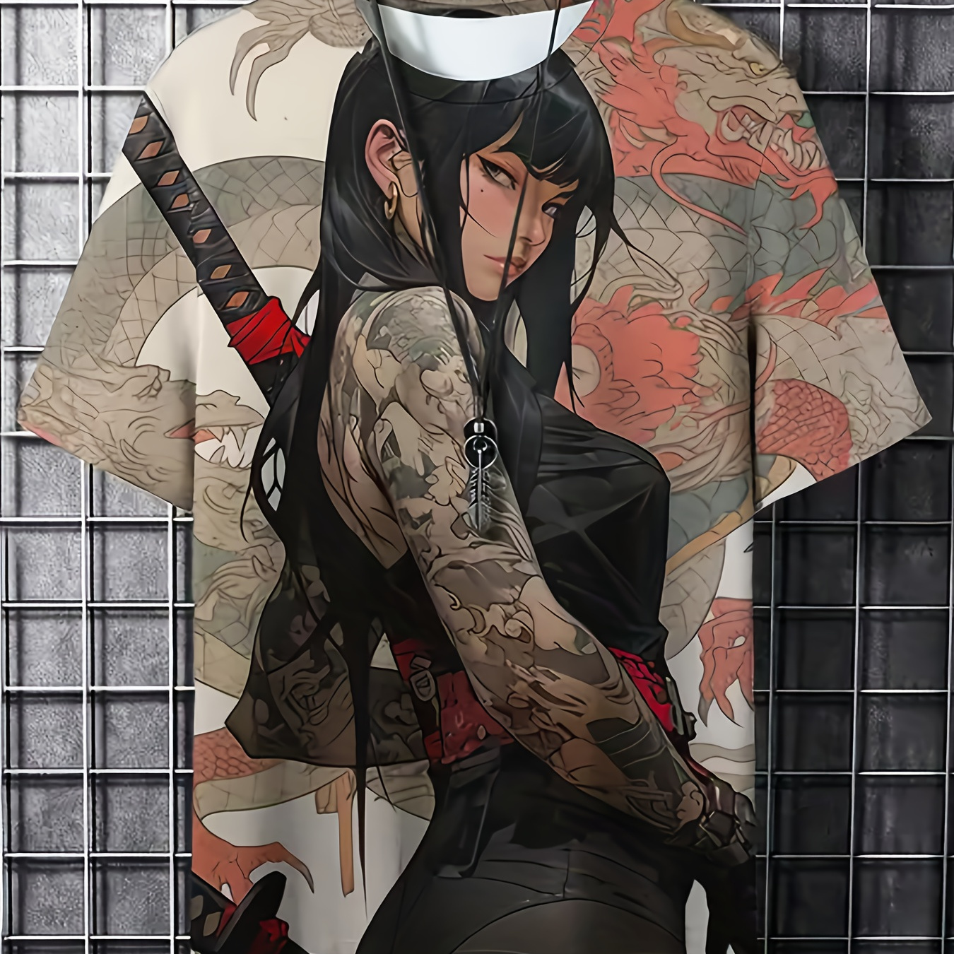 

Cartoon Style Woman Samurai And Dragon Pattern Crew Neck And Short Sleeve T-shirt, Chic And Stylish Tops For Men's Summer Street Leisurewear