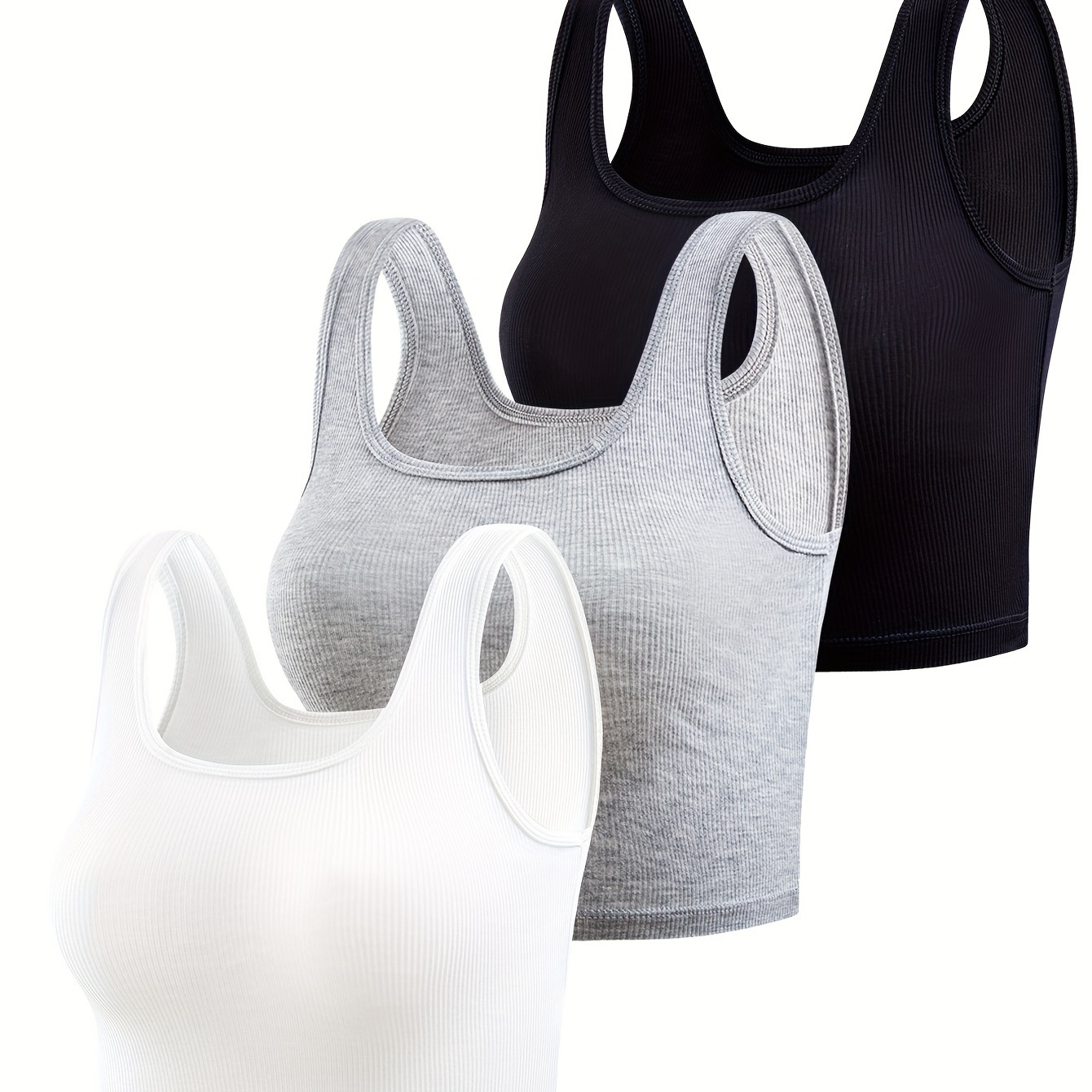 

3 Sets Solid Ribbed Tank Tops, Casual Comfy Crew Neck Sleeveless Top, Women's Lingerie & Underwear