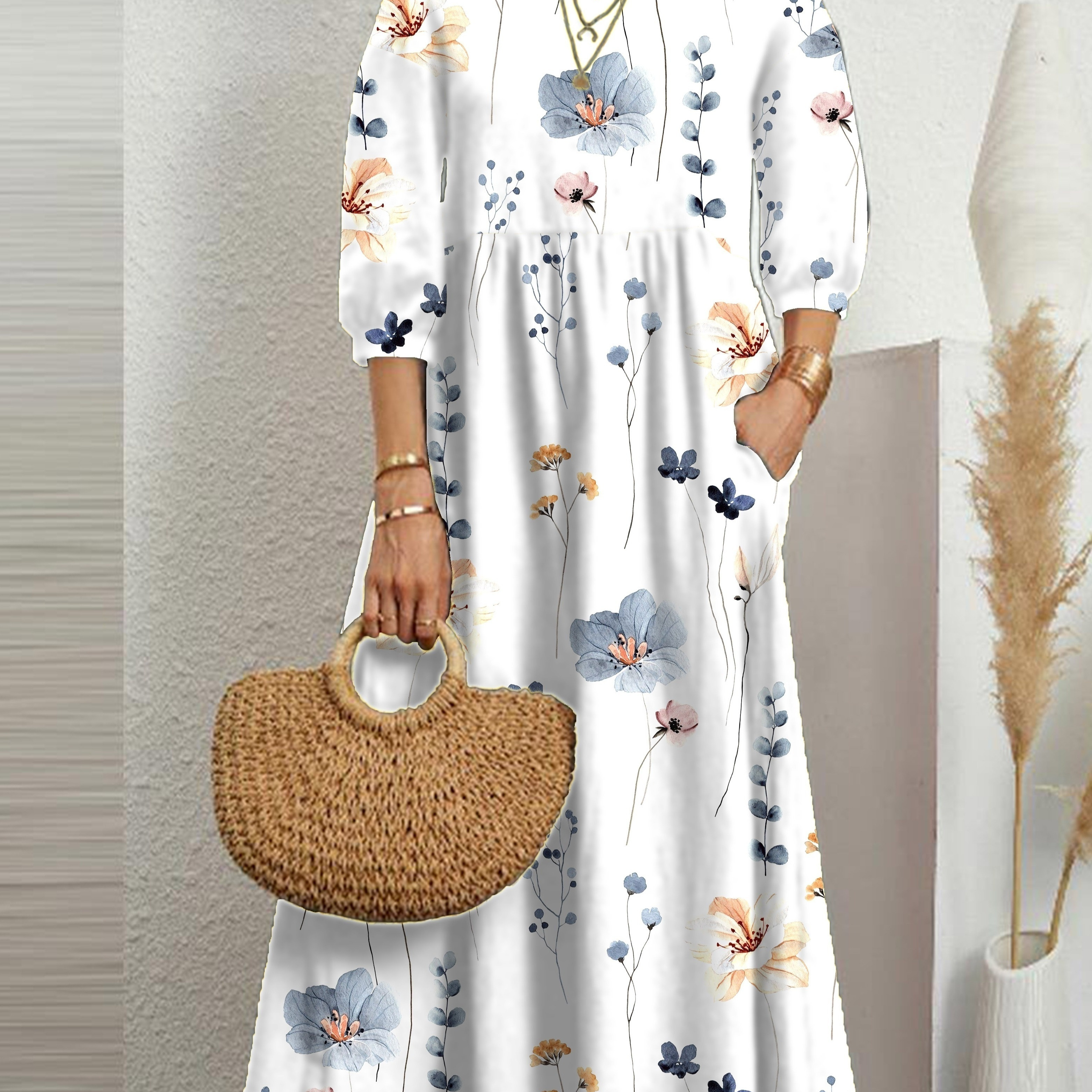 

Floral Print Boat Neck Midi Long Sleeve Dress