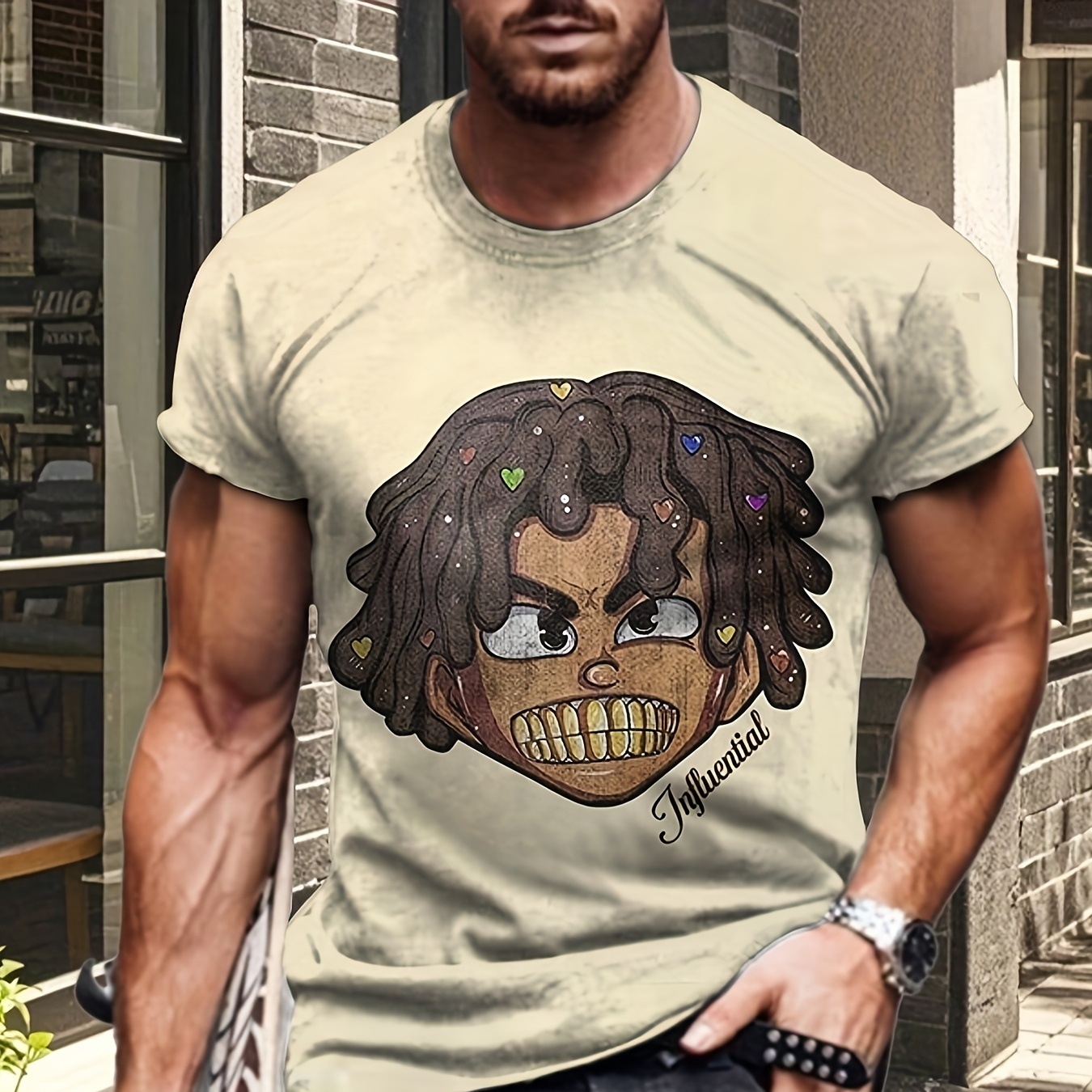 

1pc T-shirt imprimé dessin numérique 3D pour homme, d'été décontracté col rond, tissu en polyester avec une légère élasticité, haut à manches courtes coupe standard pour vêtements d'extérieur