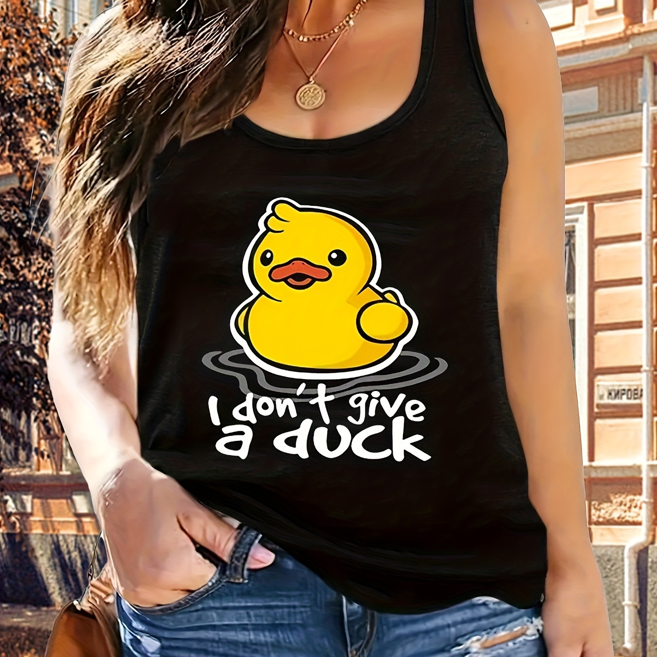 

Plus Size Duck Print Tank Top, Casual Crew Neck Sleeveless Top For Summer, Women's Plus Size Clothing