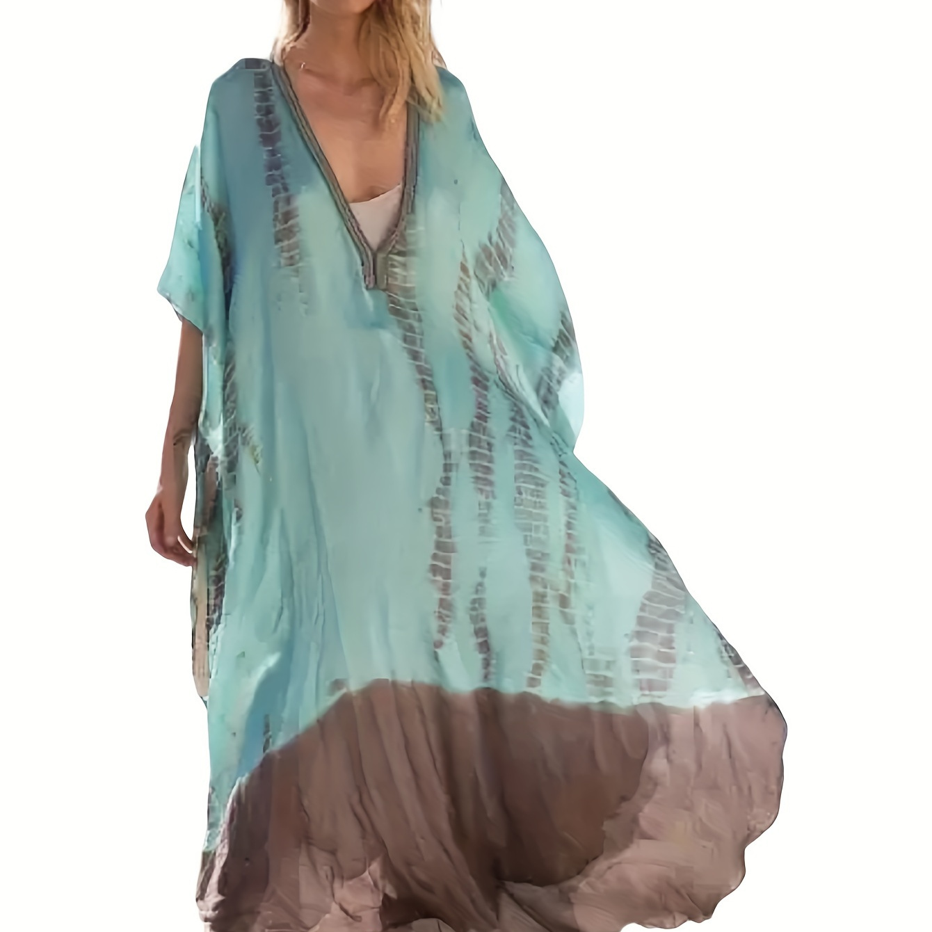 

1pc Bohemian Style Plus Size Kaftan Cover-up - Polyester Beach Dress With Side Slit, Ethnic Pattern, Woven Fabric For Swimwear And Sun Protection