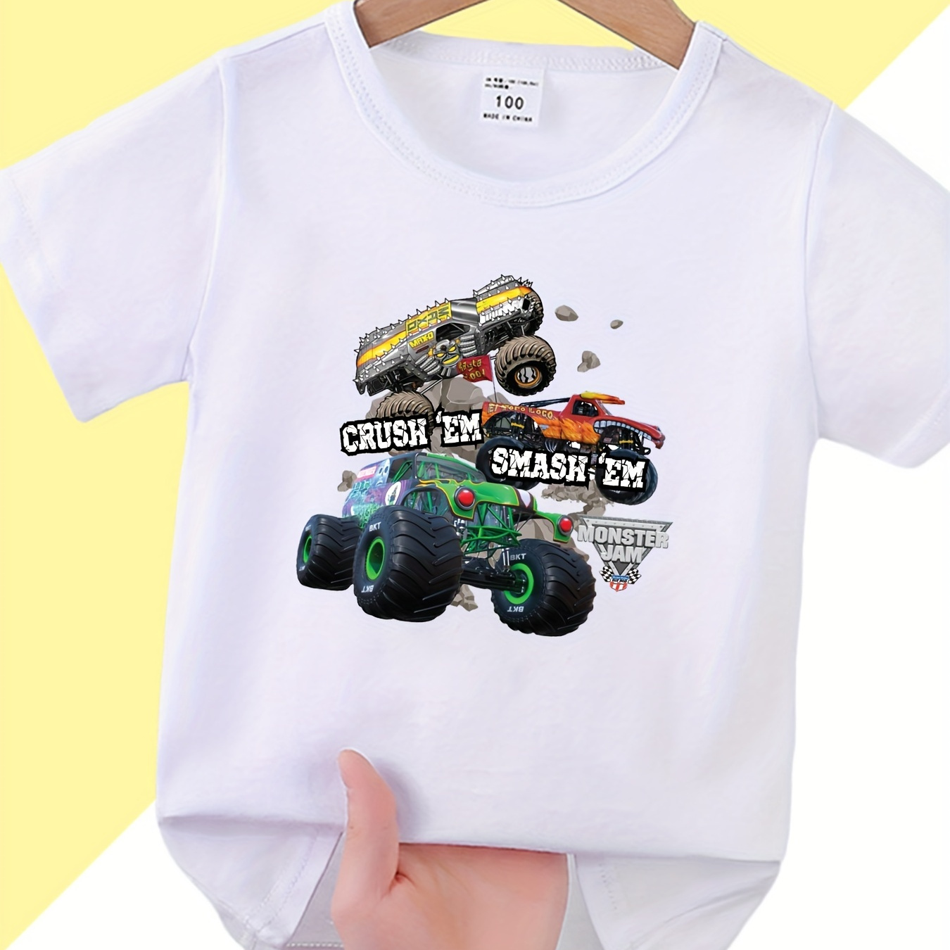 

Monster Trucks Print Boys Creative T-shirt, Casual Lightweight Comfy Short Sleeve Tee Tops, Kids Clothes For Summer