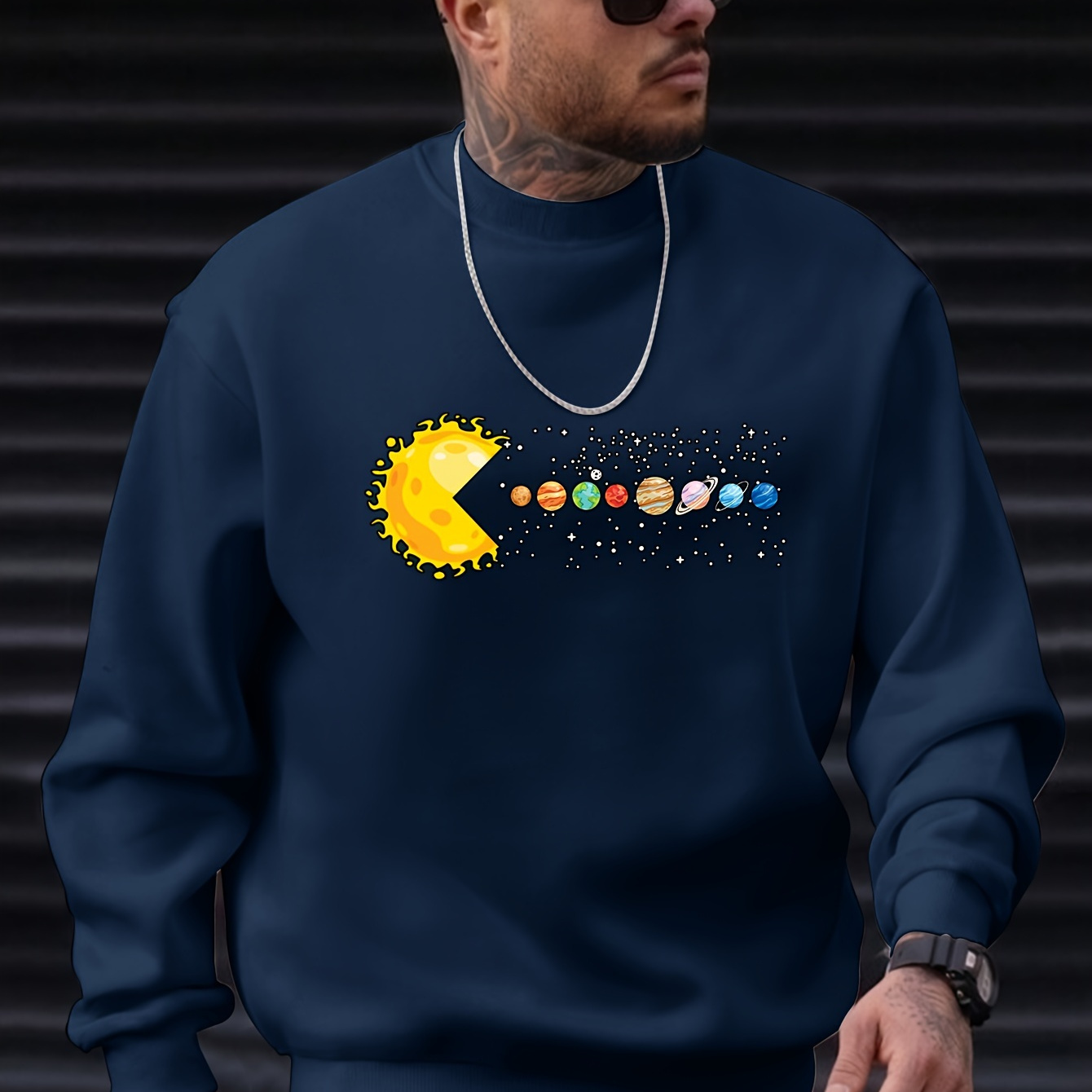 

Funny Planets Print Men's Pullover Sweatshirt, Casual Streetwear Fashion Long Sleeve Crew Neck Sweater, Basic Top For Sports & Daily Wear