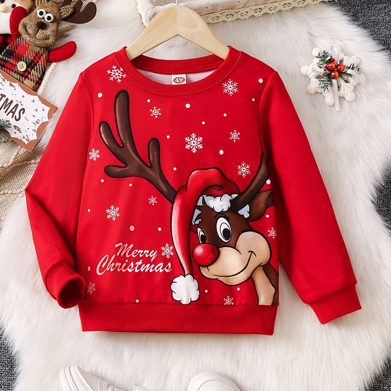 Girls Pullover Deer And Snow Cartoon Crew Neck Sweatshirt Long Sleeve Chrismas Top Kids Spring/ Fall Clothing