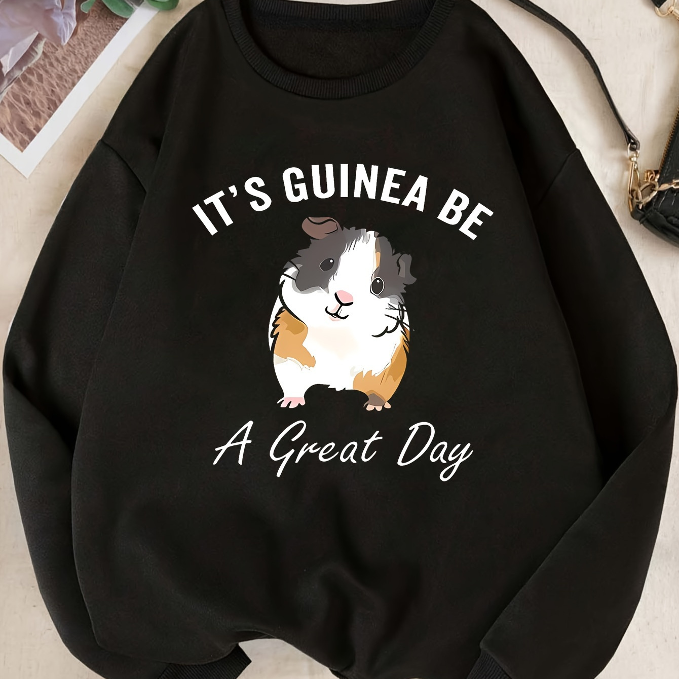 

Women's Casual Crew Neck Sweatshirt With Guinea Pig Graphic And Inspirational Quote - 100% Polyester Knit Fabric - Long Sleeve Pullover For All - Comfortable Slight Stretch Mature Style