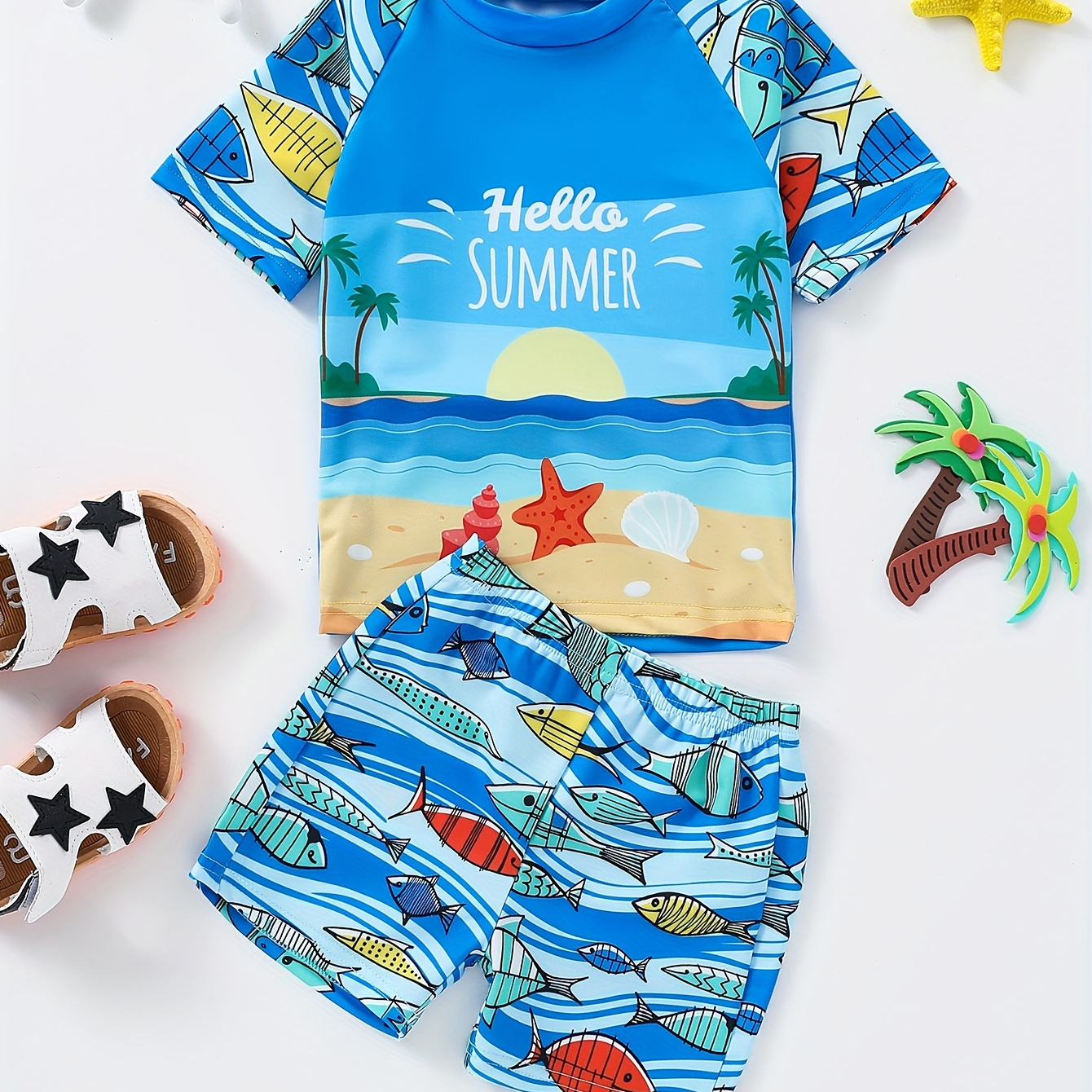 

2pcs Summer Cartoon Beach And Fish Pattern Swimsuit For Boys, T-shirt & Swim Trunks Set, Stretchy Surfing Suit, Boys Swimwear For Summer Beach Vacation