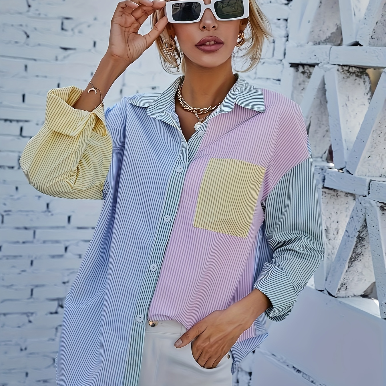 

Striped Print Color Block Shirt, Casual Long Sleeve Single Breasted Shirt For Spring & Fall, Women's Clothing