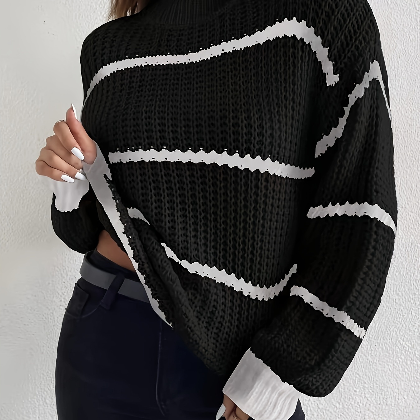 

Striped , Drop Shoulder Long For Fall & , Women's Clothing