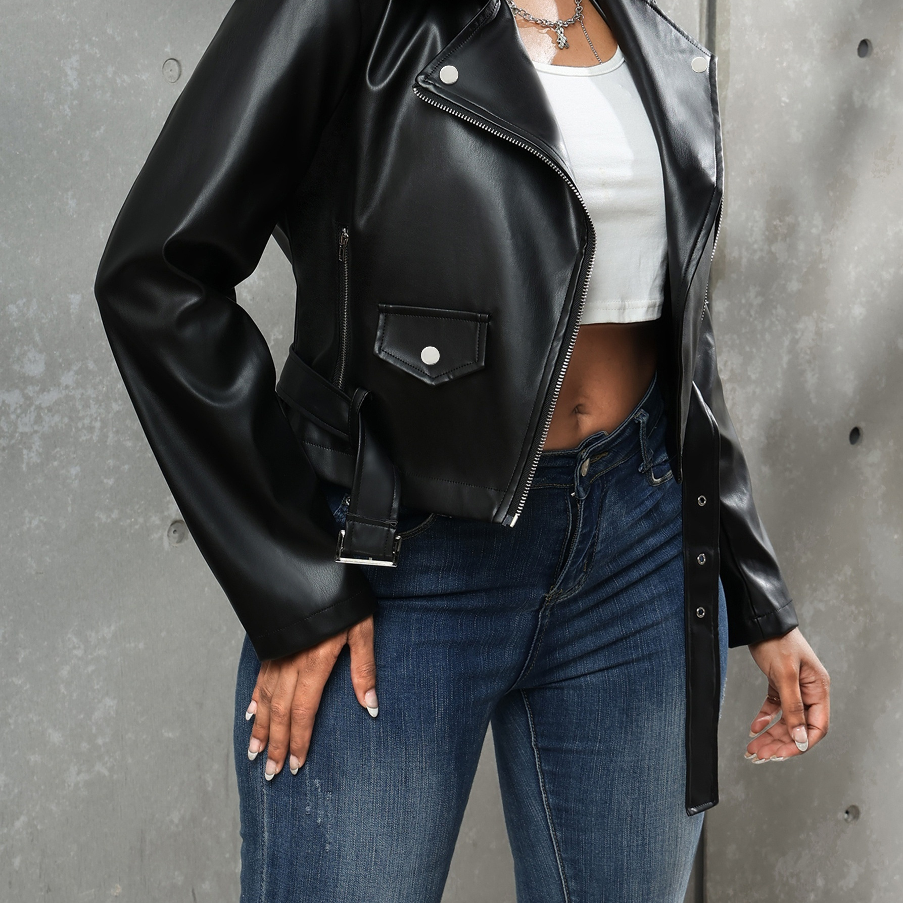 

Zipper Solid Pu Jacket, Street Wear Long Sleeve Moto Jacket, Women's Clothing