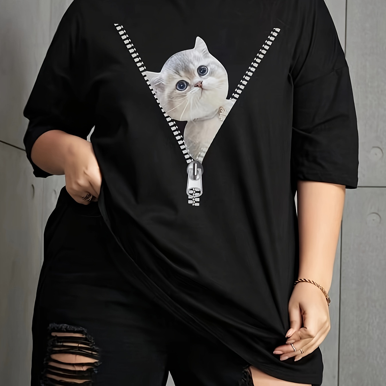 

Plus Size Cat Print T-shirt, Casual Crew Neck Short Sleeve T-shirt, Women's Plus Size clothing