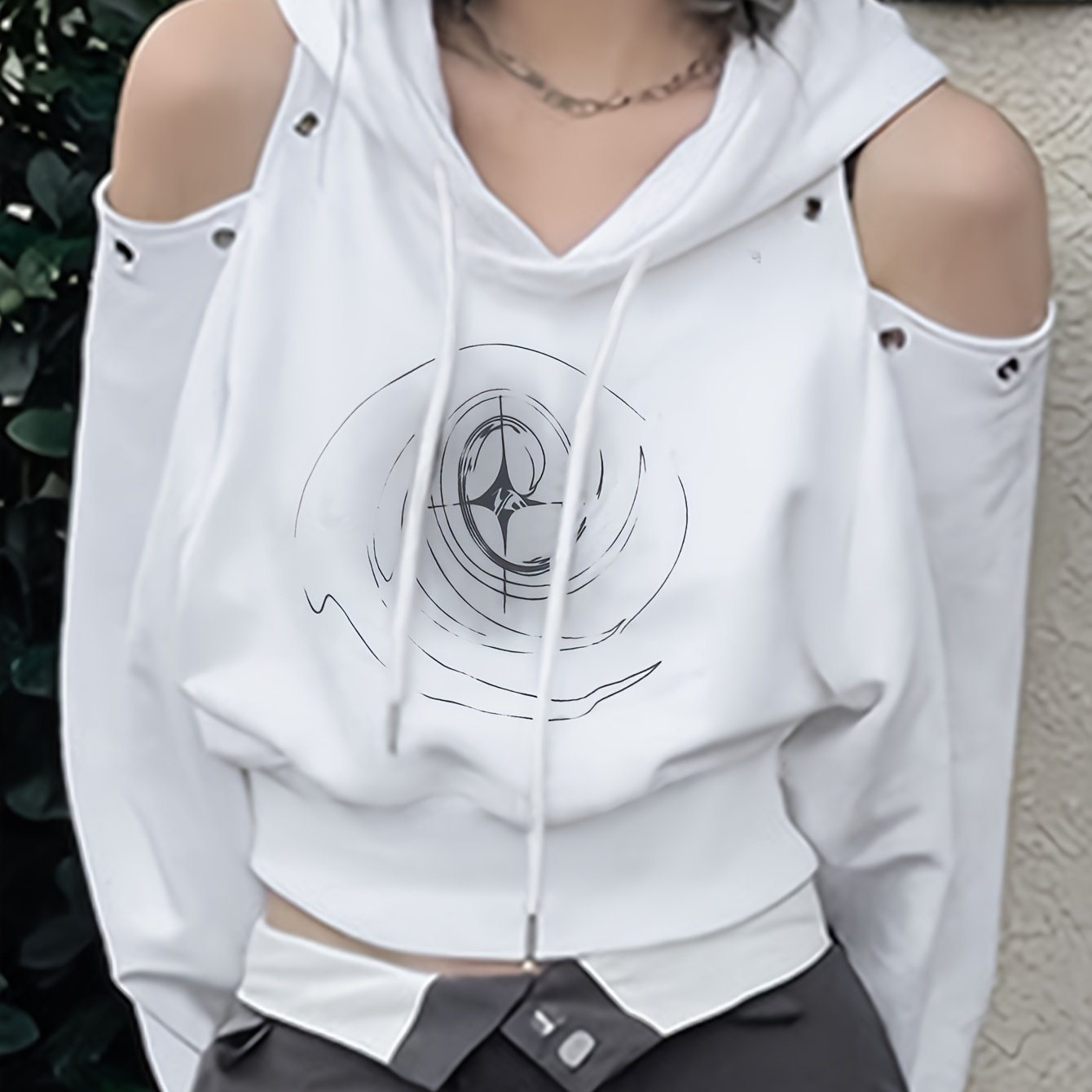 

Cold Shoulder Graphic Print Hoodie, Y2k Long Sleeve Drawstring Hoodies Sweatshirt, Women's Clothing