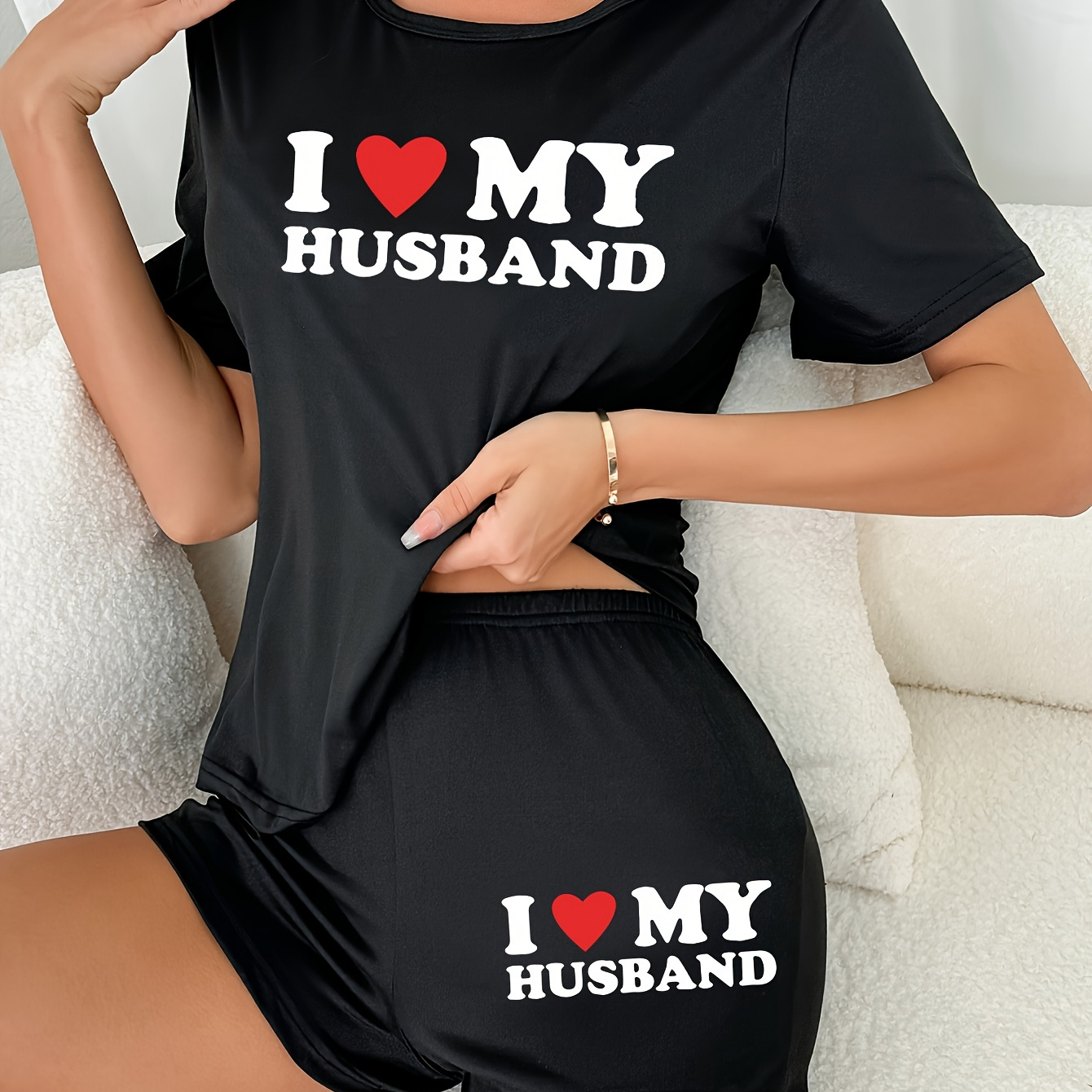TEMU Women's "i Love My Husband" Printed Short Sleeve Pajama Set - Casual Crew Neck, Short Length,, Casual Attire, Casual Wear,