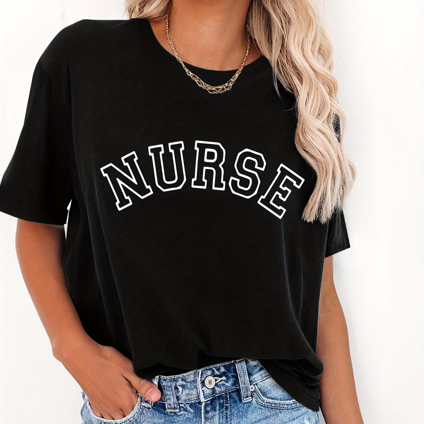 

Nurse Print T-shirt, Short Sleeve Crew Neck Casual Top For Summer & Spring, Women's Clothing