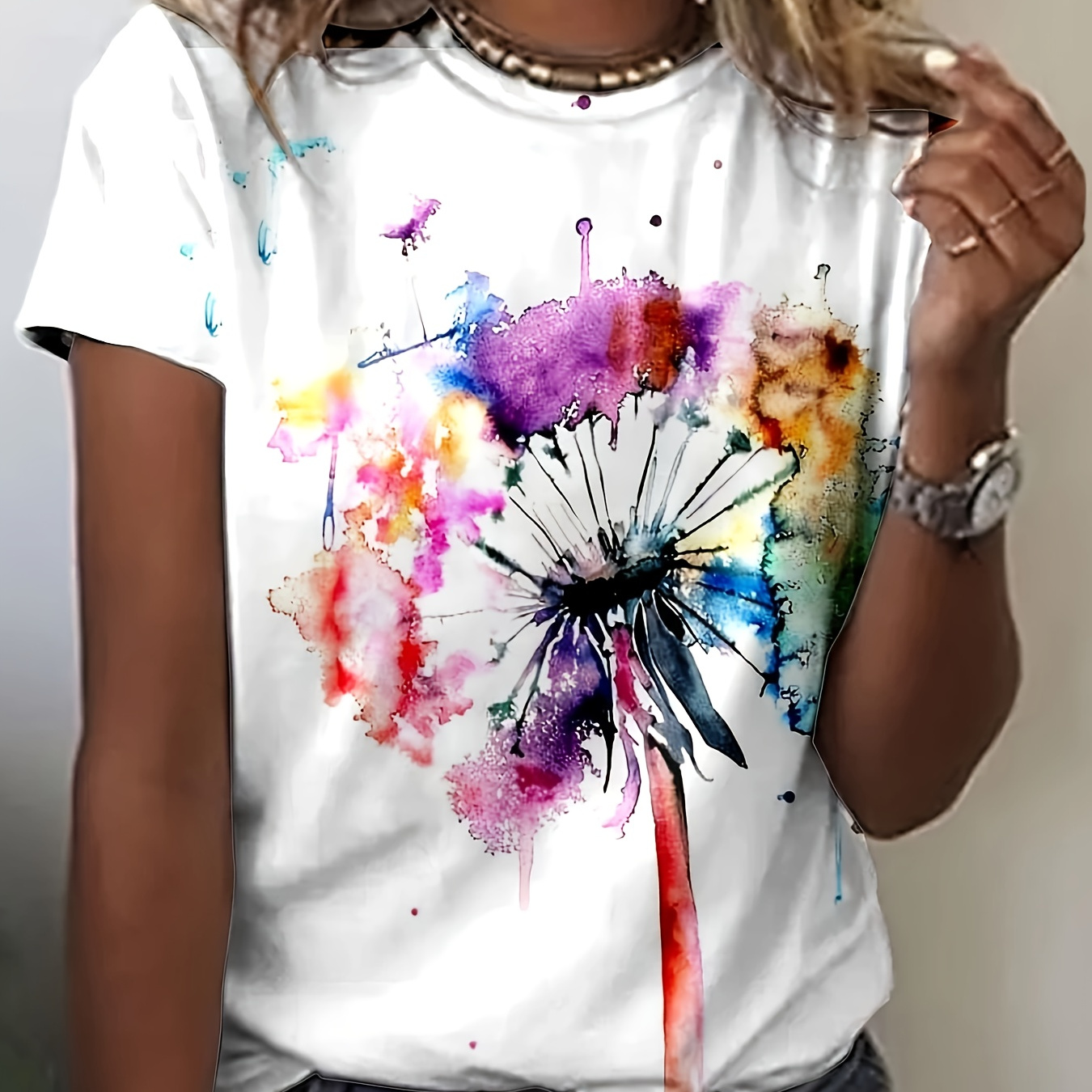 

Dandelion Print Crew Neck T-shirt, Casual Short Sleeve T-shirt For Spring & Summer, Women's Clothing