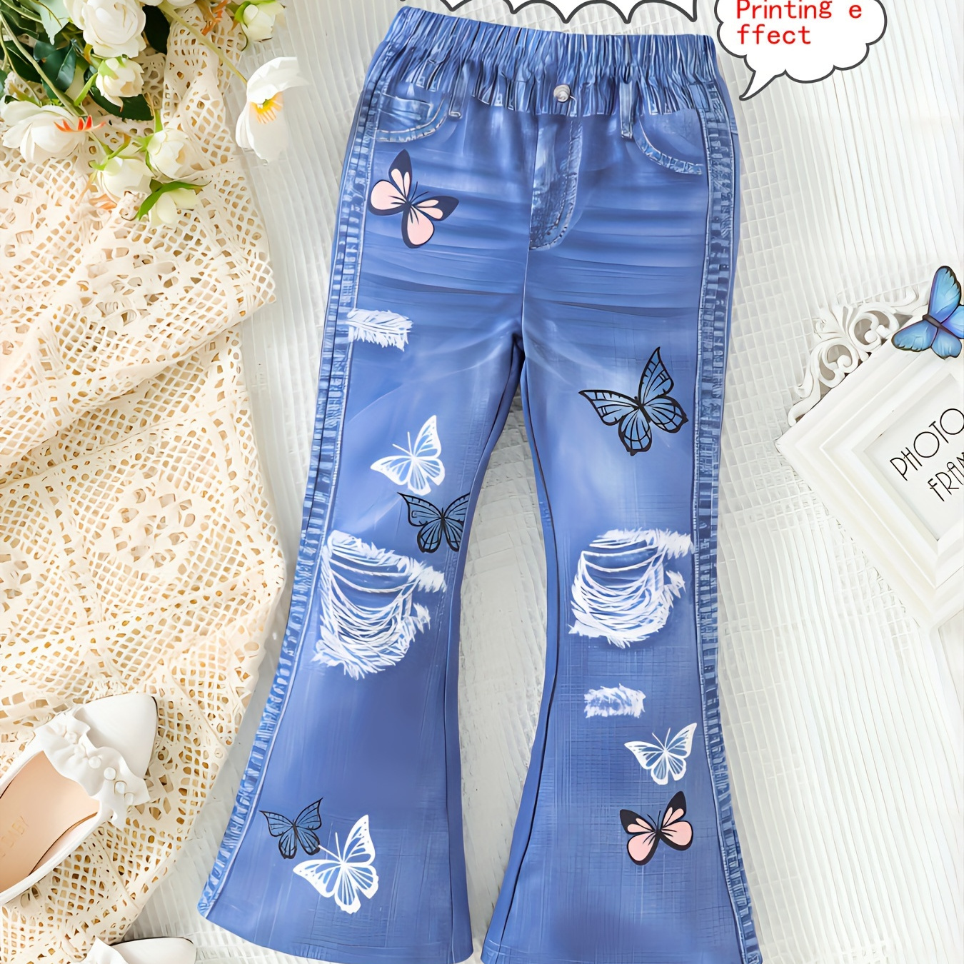 

Girls Denim Effect Butterflies Digital Print Flare Leg Pants Cute Elastic Trousers