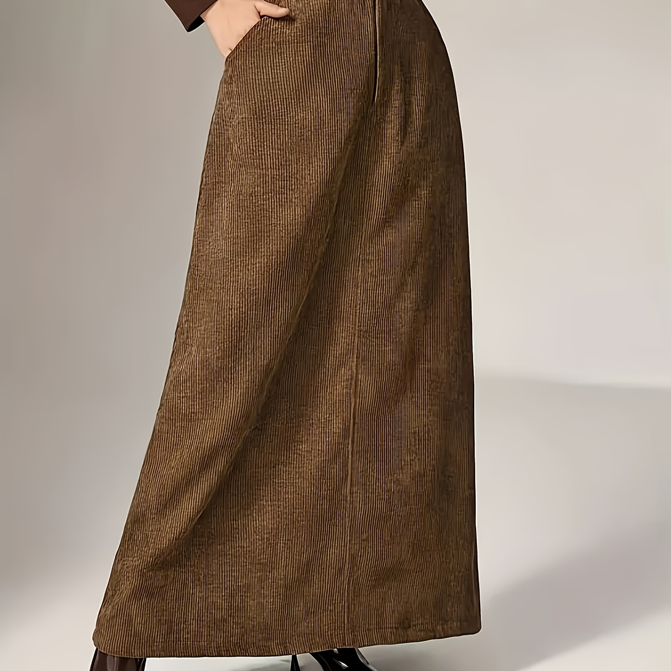 

Women' Corduroy Skirt With Pockets, High-waist Solid Color Flared Hem, , Polyester 100%, Woven, Long Length For Spring/fall - Workwear