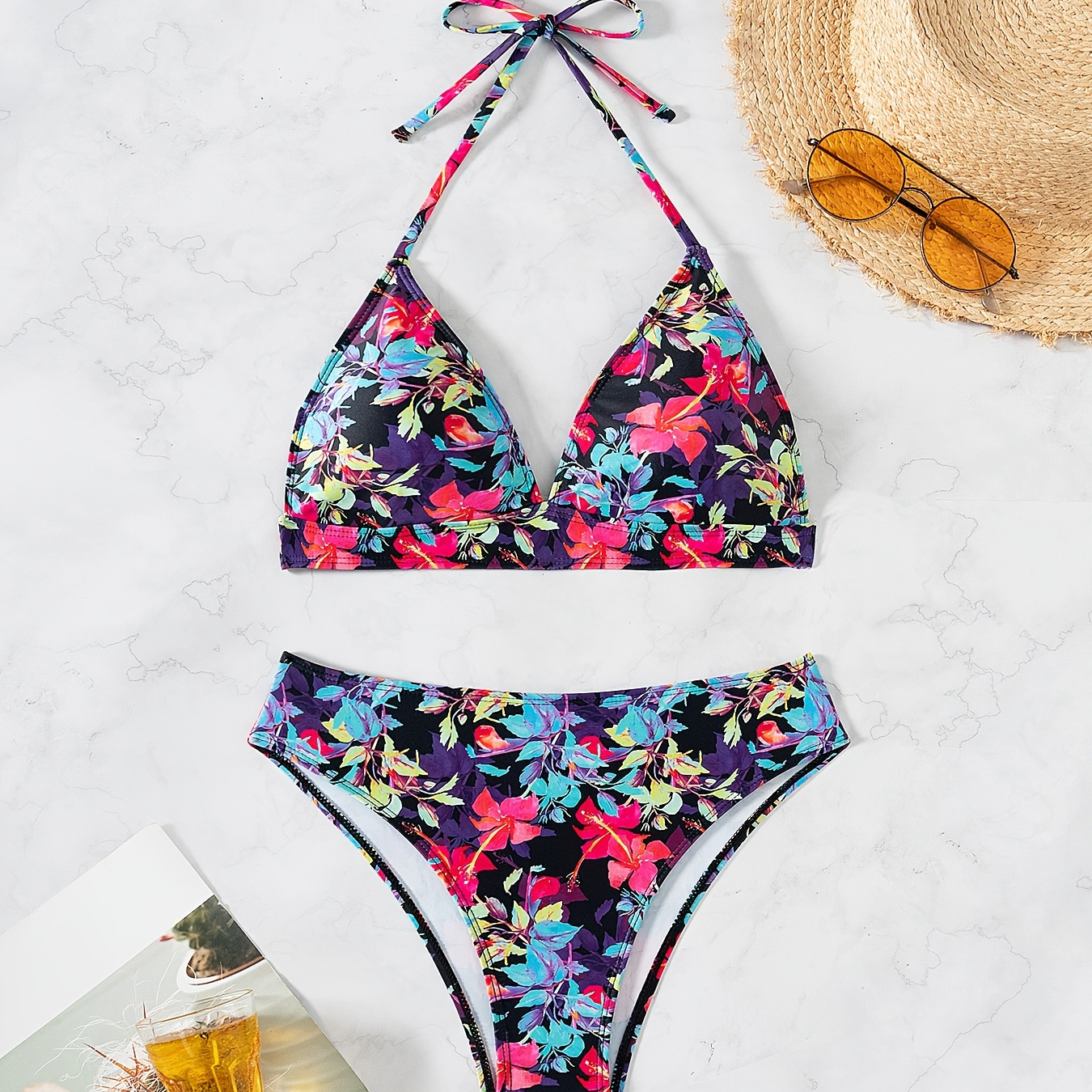 

1pc Women's Floral Halter Neck Bikini Set With Back Tie Bow Detail, High Waist Triangle Bottoms, Knit Fabric, High Stretch Polyester, Swimwear For Beach And Pool