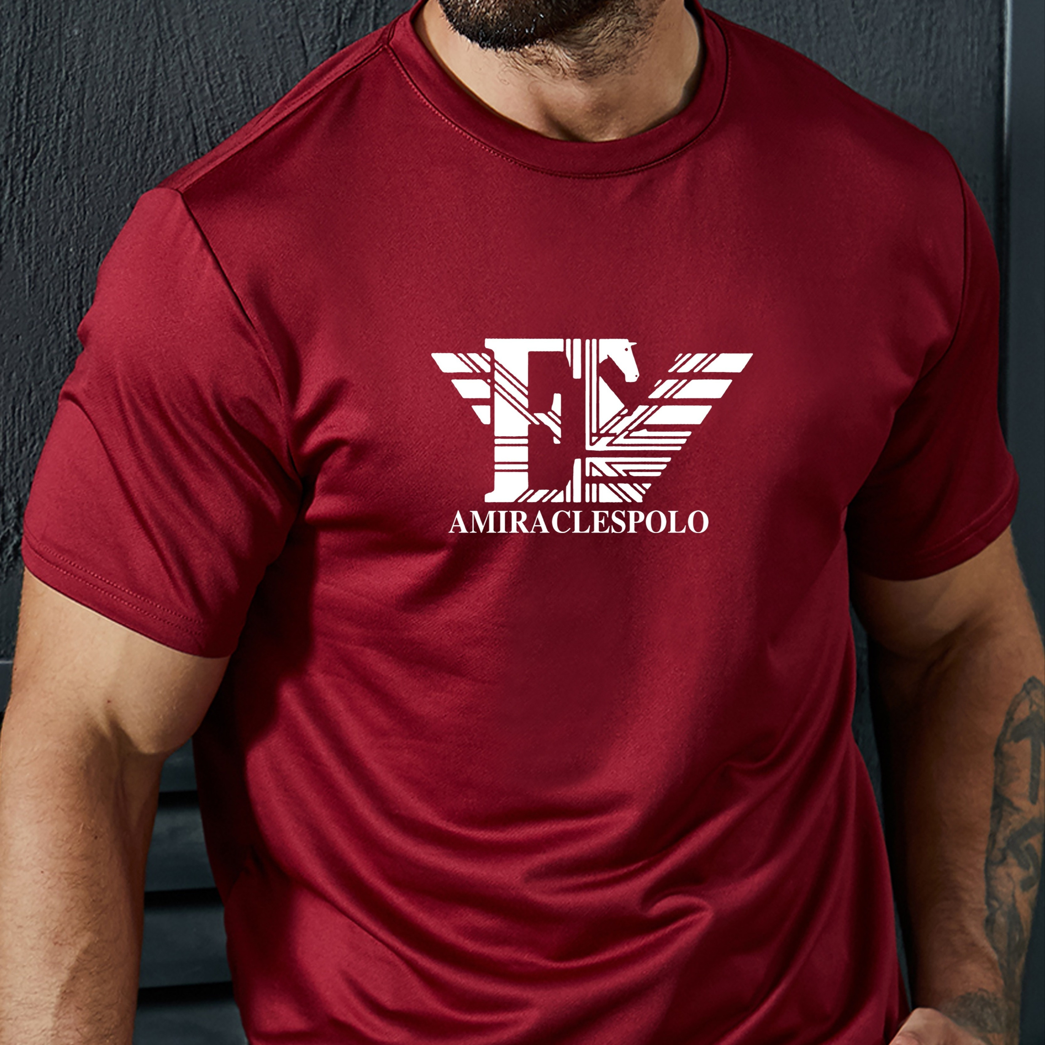 

Geometric Letter Print Men's Crew Neck Fashionable Short Sleeve Sports T-shirt, Comfortable And Versatile, For Summer And Spring, Athletic Style, Comfort Fit T-shirt, As Gifts