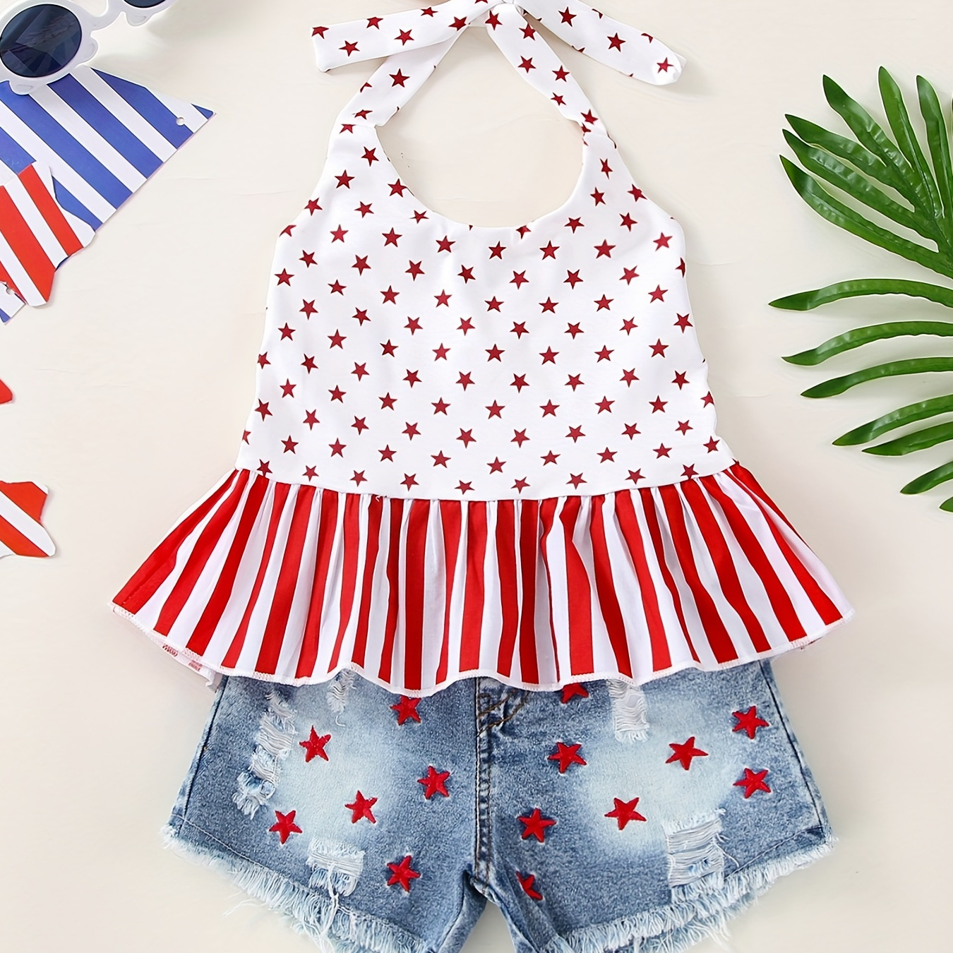 

Girls Usa Star & Striped Halter Top + Ripped Denim Shorts Fashion Cute 2 Pieces Summer Outfits