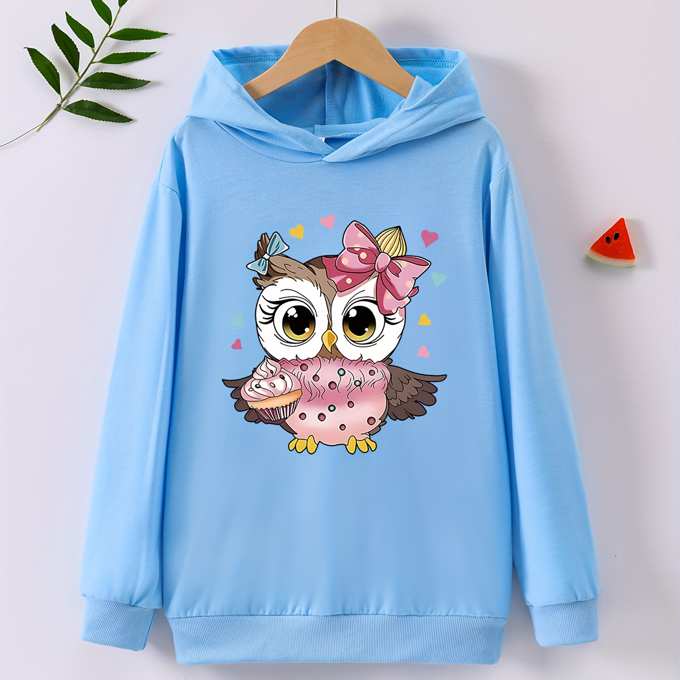 

Girls' Casual Long Sleeve Hoodie With Cartoon Owl Print, Polyester Knit Fabric With Stretch, Loose Fit Hooded Sweatshirt For Spring/fall