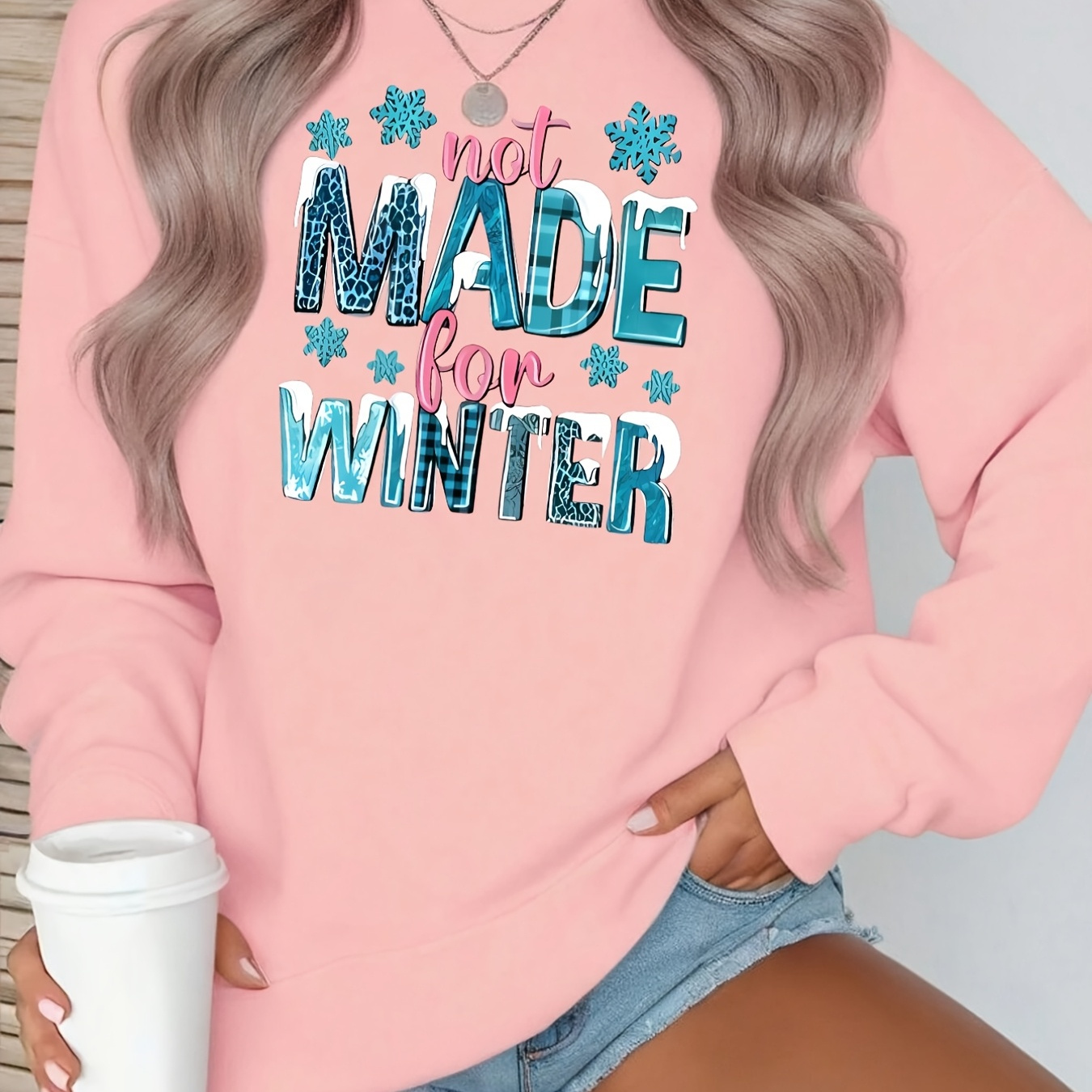 

Women's Neck Hoodie, "not Winter" Blue Letter Print, Knit Polyester Top With 5% Elastane, Casual Sports Style, Solid Color, Lazy Vibe, Age-reducing Design