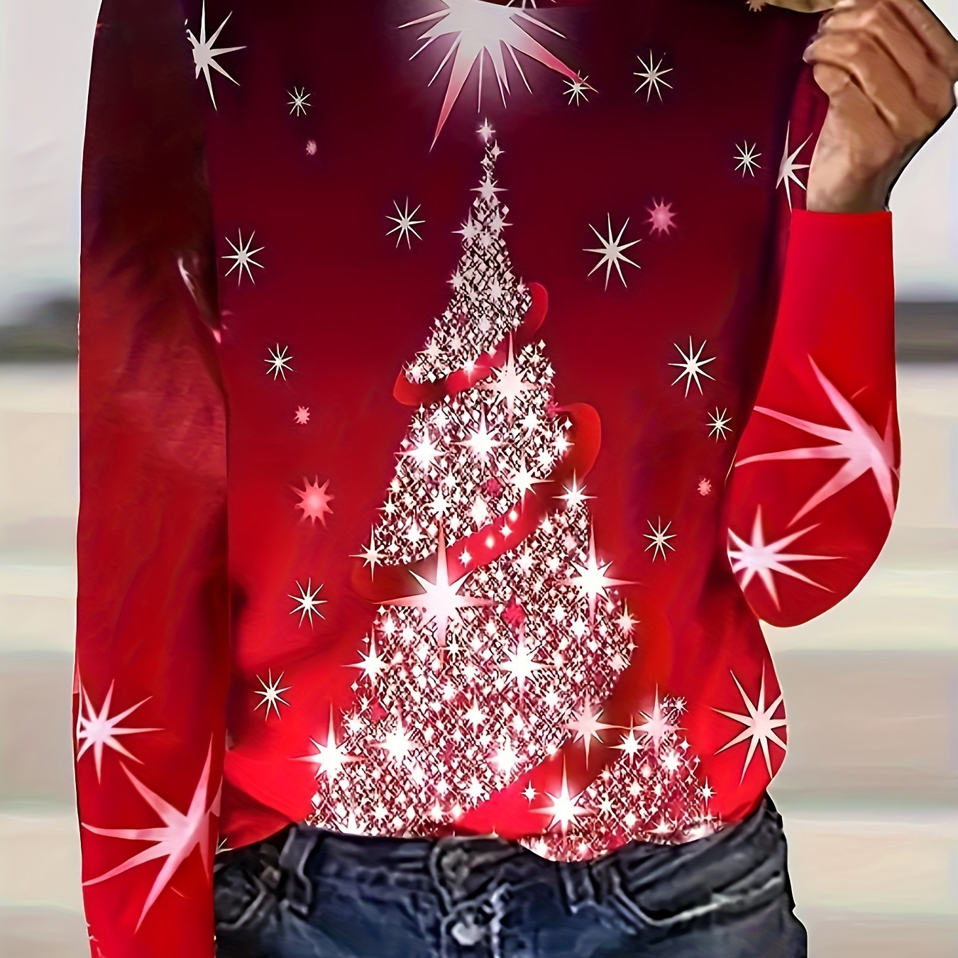 

Christmas Tree Print Crew Neck T-shirt, Casual Long Sleeve T-shirt For Spring & Fall, Women's Clothing