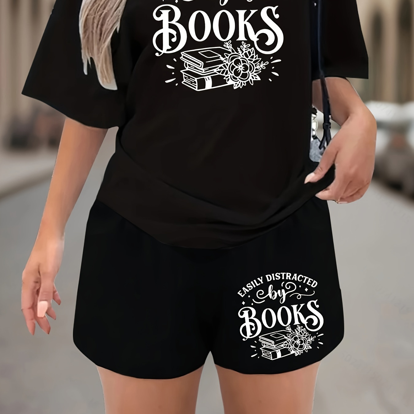 

2-piece Set, Women's Casual Athletic " By Books" Print, Breathable Short Sleeve Tee & Quick-dry Shorts, Fashionable Loungewear Outfit,