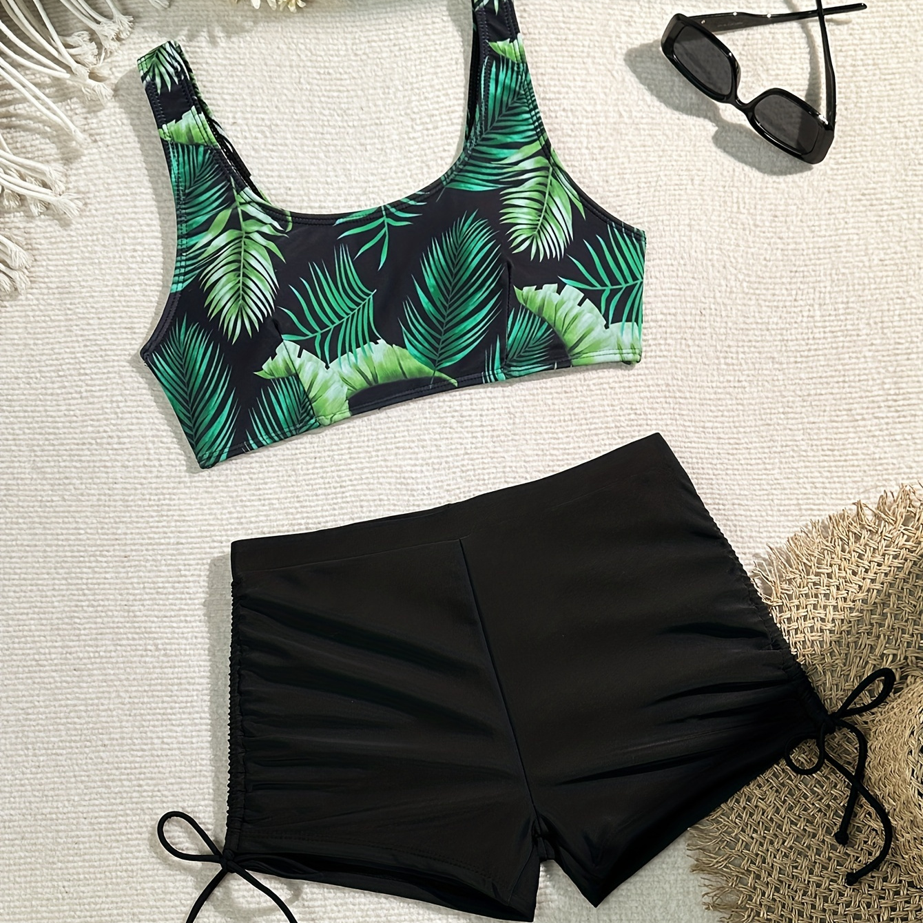 

Tropical Print Drawstring Side Tankini Swimwear, Two-piece Swimsuit, Adjustable Drawstring Bottom, Beachwear, Poolside Fashion, Summer Essentials