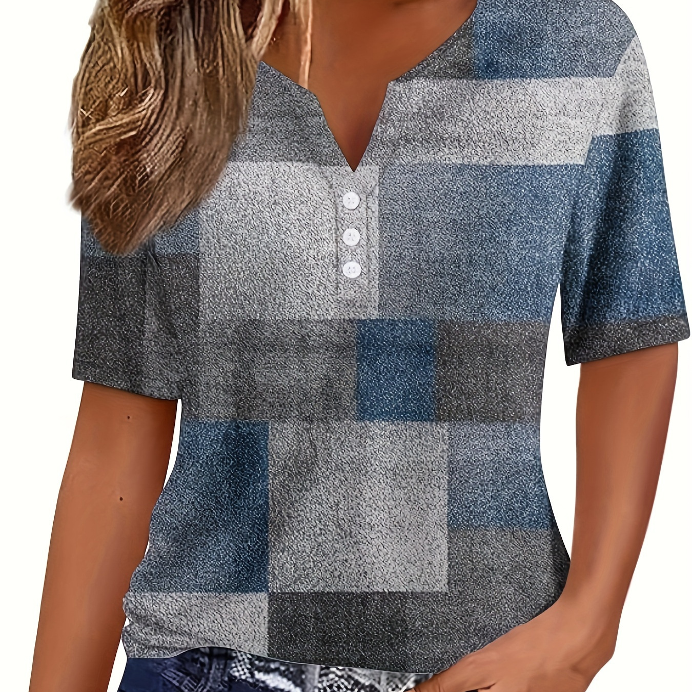 

Allover Print Button Notch Neck T-shirt, Casual Short Sleeve T-shirt For Spring & Summer, Women's Clothing