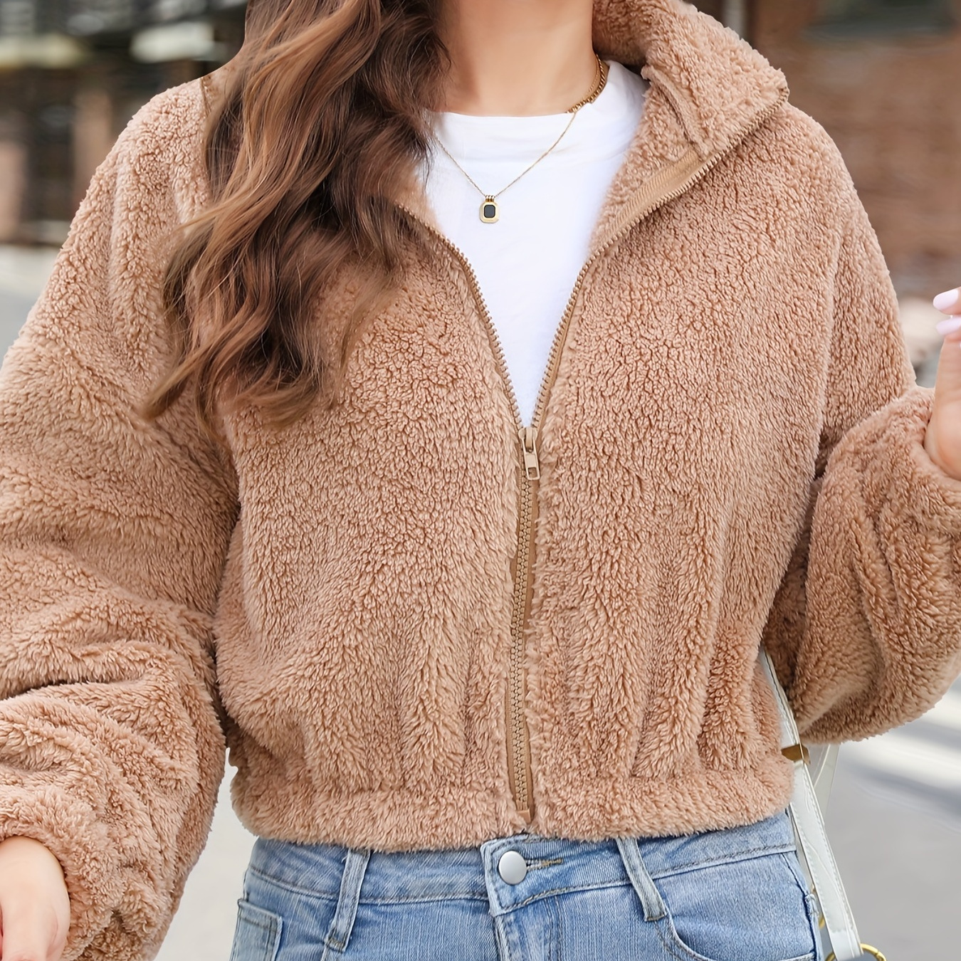 Women's Solid Color Winter Warm Coat Zipper Plush Fleece - Temu
