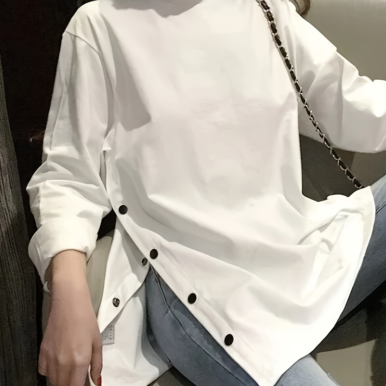 

Solid Color Button Loose T-shirt, Casual Long Sleeve Solid Color T-shirt For Spring & Fall, Women's Clothing