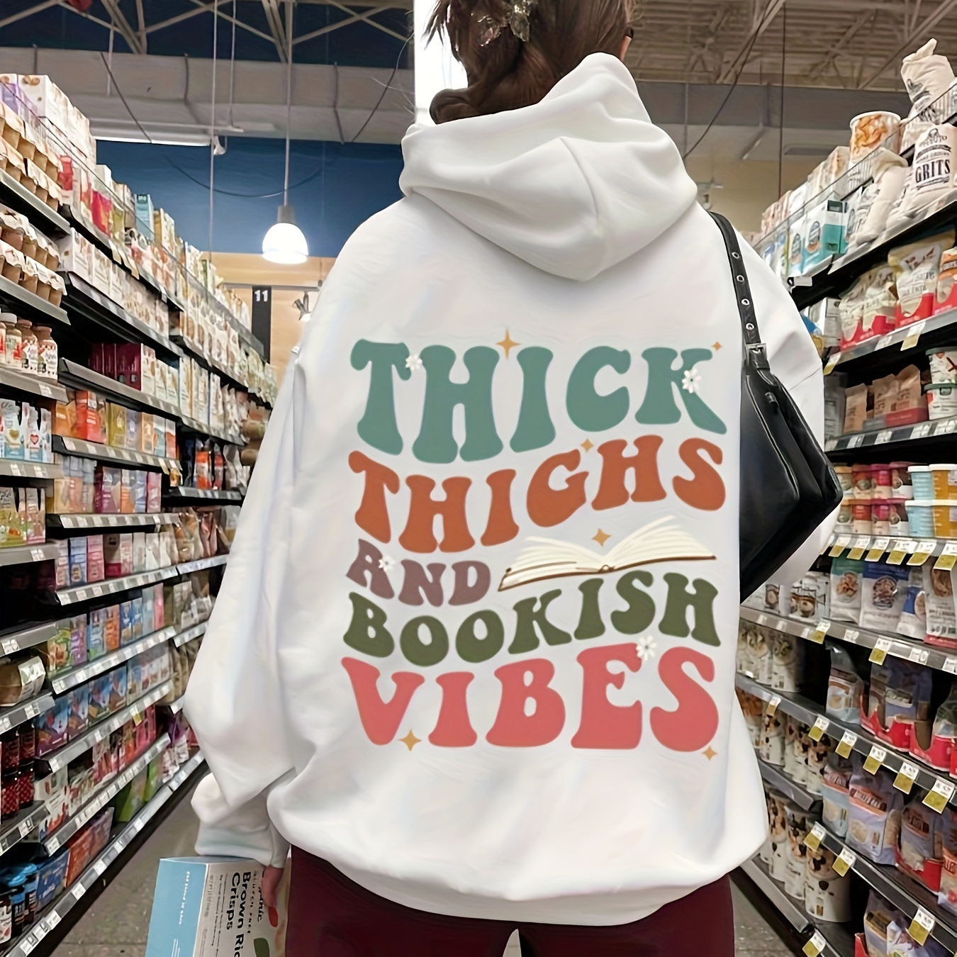 

Women's Casual Hooded Sweatshirt With Geometric Lettering, 100% Polyester Knit Fabric, Fall/ With Pockets - "thick Thighs And Bookish Vibes" Printed Hoodie