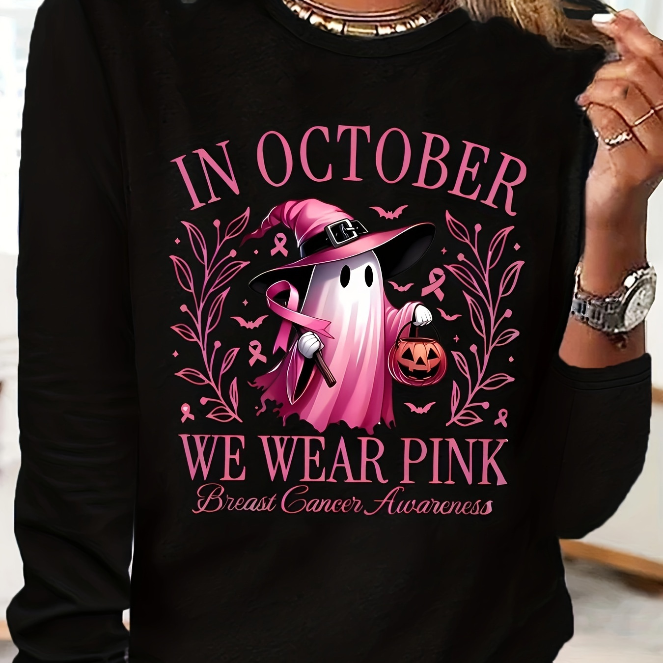 

Breast Cancer Awareness Print Crew Neck T-shirt, Polyester Knit Casual Long Sleeve Tee, Geometric Pattern Regular Length For Spring/summer/fall - 95% Polyester 5% Elastane