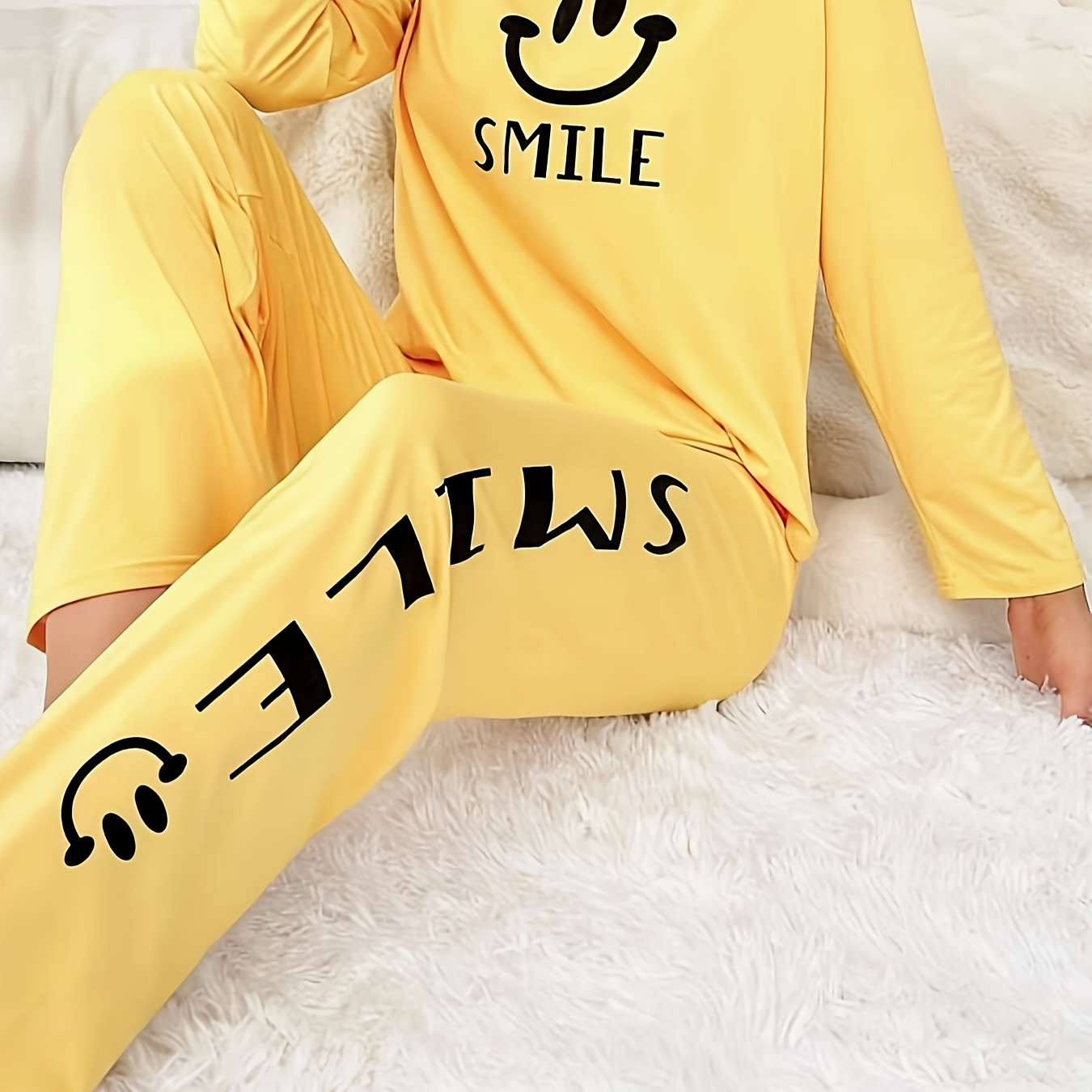 

Women's Cozy Face & Letter Print Pajama Set - Long Sleeve, Round Neck Top With Waistband Pants, Machine Washable