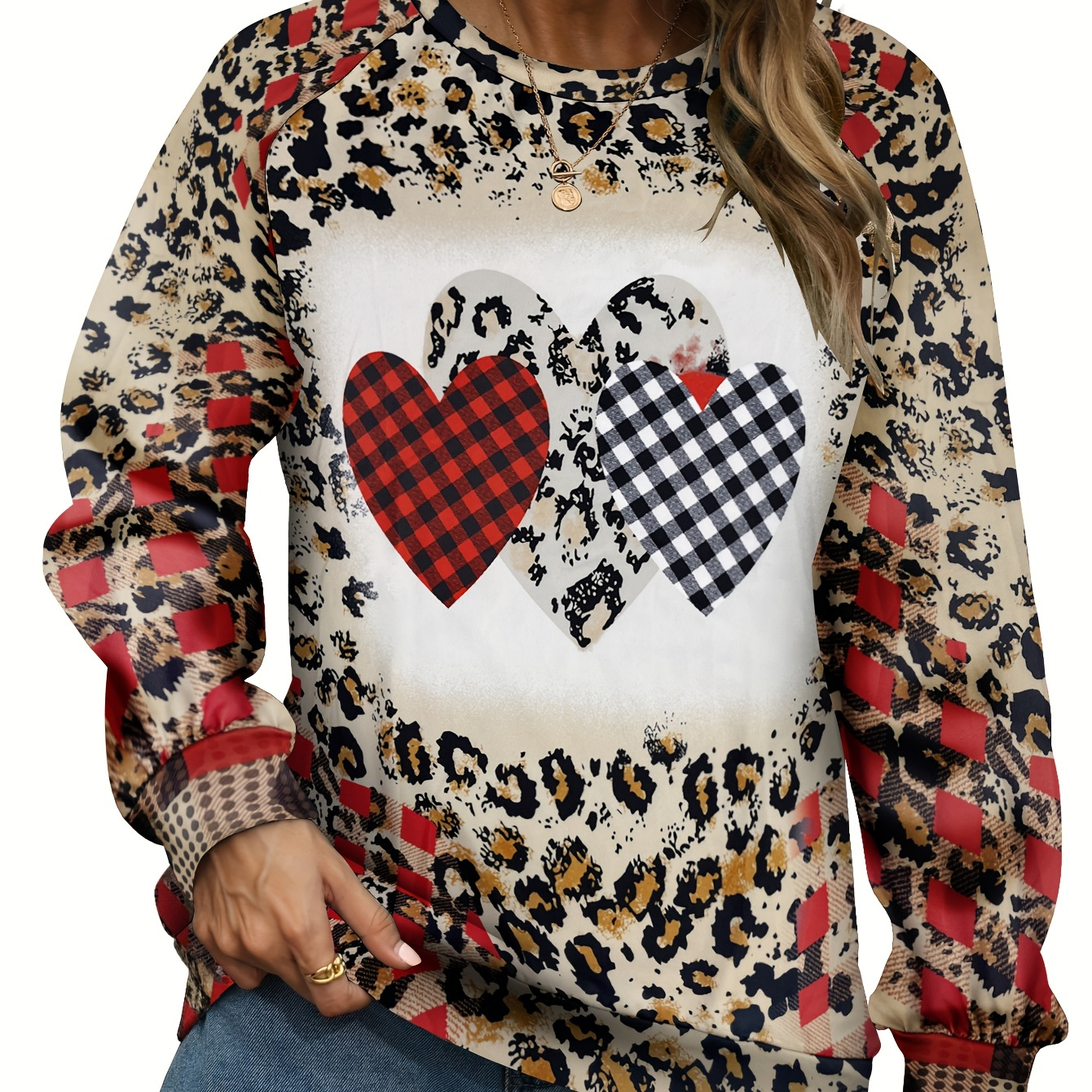 

Women's Casual Crew Neck Sweatshirt With Heart & Leopard Print, 95% Polyester 5% Elastane, Long Sleeve Pullover For All , Knit Fabric, 200g/m² - Fashionable Spring & Fall Top