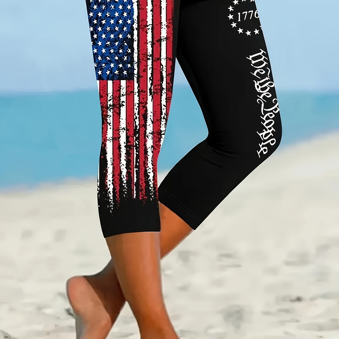 

American Flag Print Skinny Capri Leggings, Casual Elastic Waist Stretchy Leggings, Women's Clothing