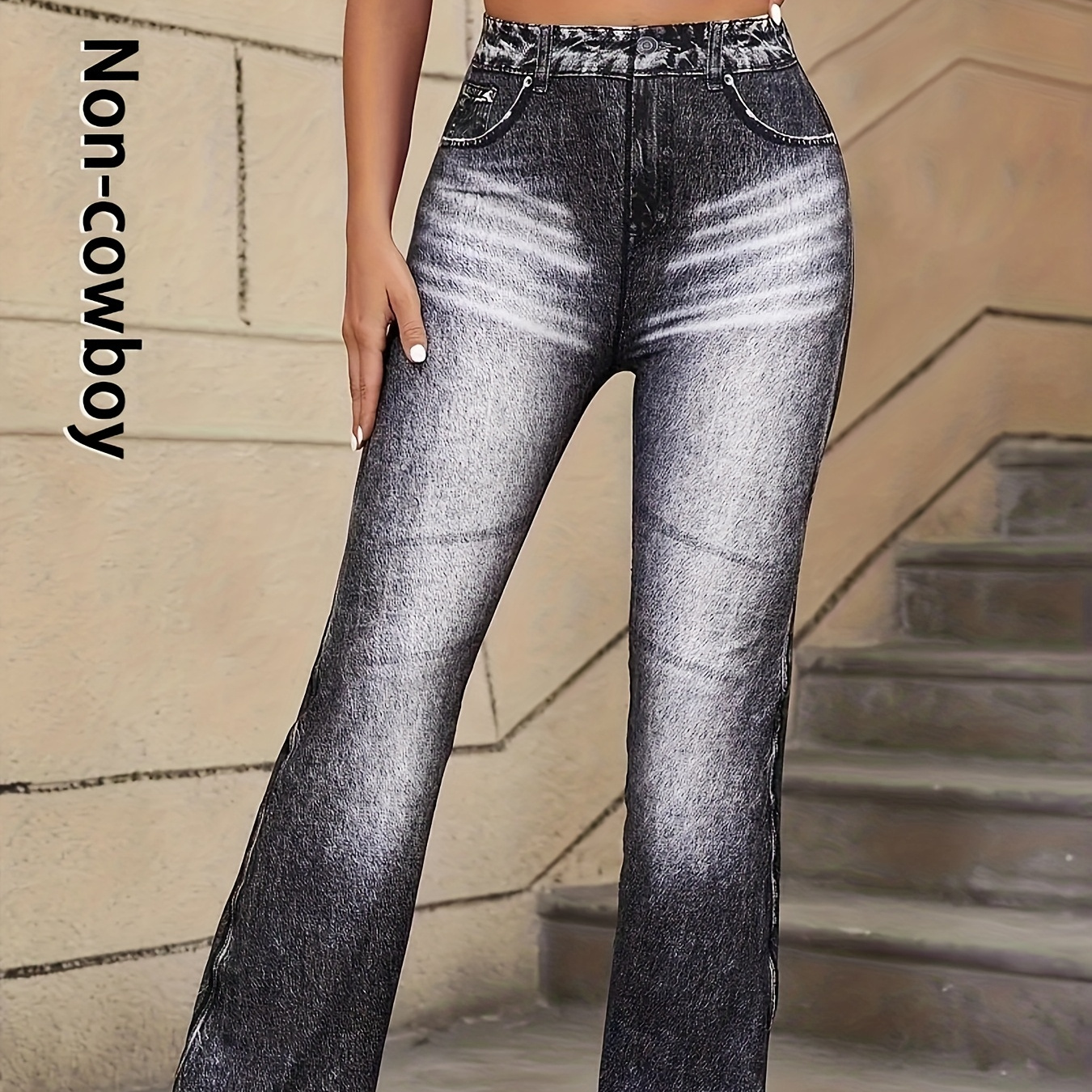 

Women's High-waisted Flare Leg Denim, 95% Polyester 5% Elastane, Knit Fabric, Printed Denim Style Pants For Adults