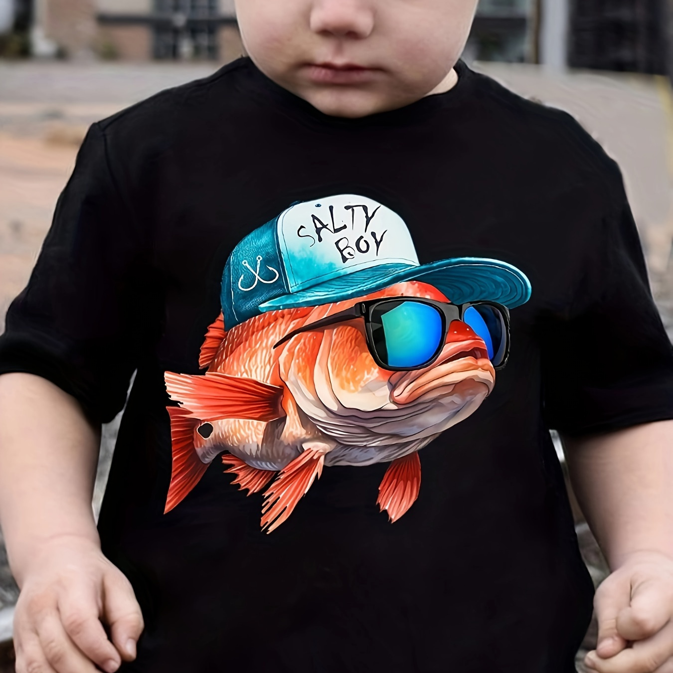 

Cool Fish Print Boys Meaningful T-shirt, Cool, Versatile & Smart Short Sleeve Tee, Gift Idea