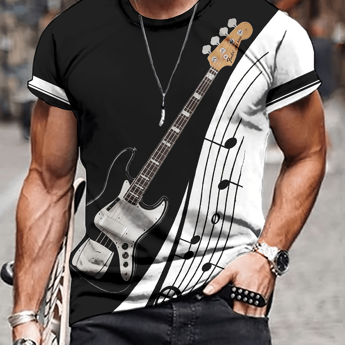 

T-shirt À Manches Courtes Et Col Rond Pour Hommes, Imprimé Guitare 3D, Tendance, Bloc De Couleurs, Été Et Plein Air