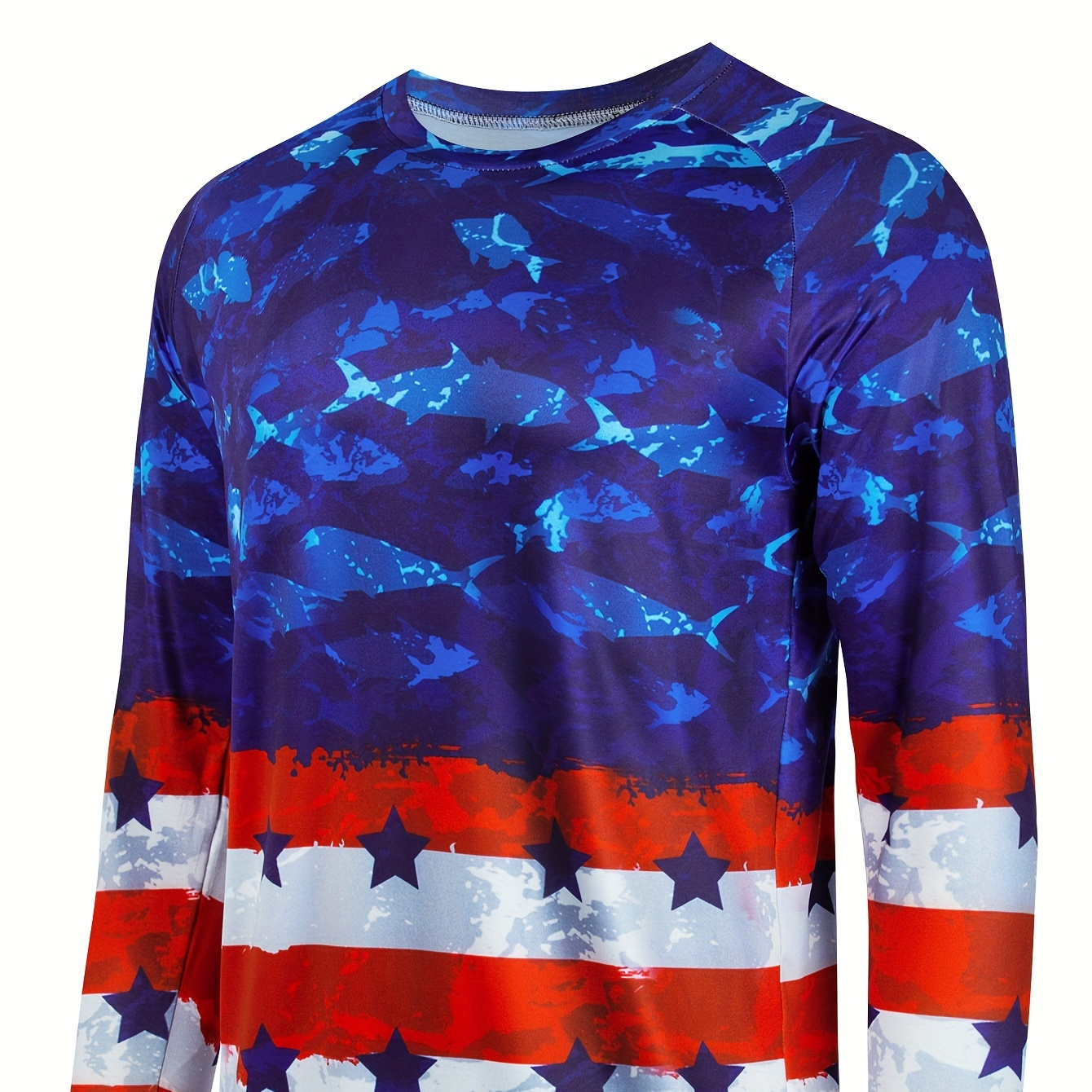 

Flag Digital Print Men's Casual Long Sleeve Round Neck Rash Guard, Men's Breathable Sunscreen Fishing Top For Outdoor