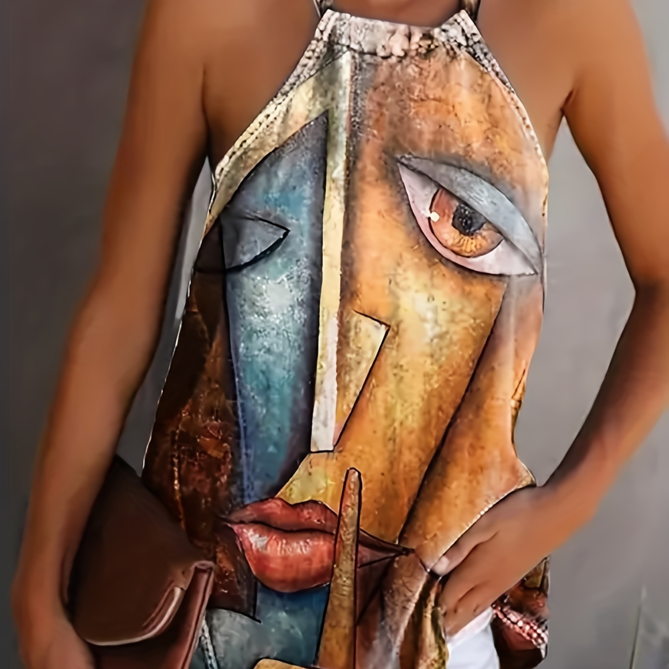 

Abstract Face Print Top, Casual Sleeveless Cami Tie Back Comfy Top, Women's Clothing