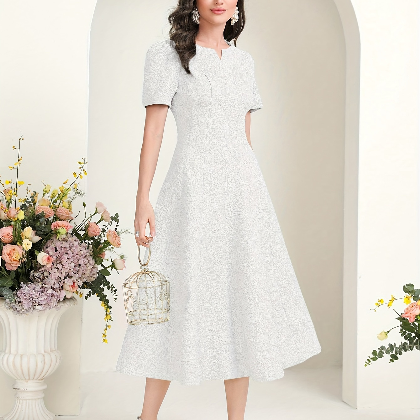 

Notched Neck A-line Over Knee Dress, Elegant Short Sleeve Dress For Spring & Summer, Women's Clothing